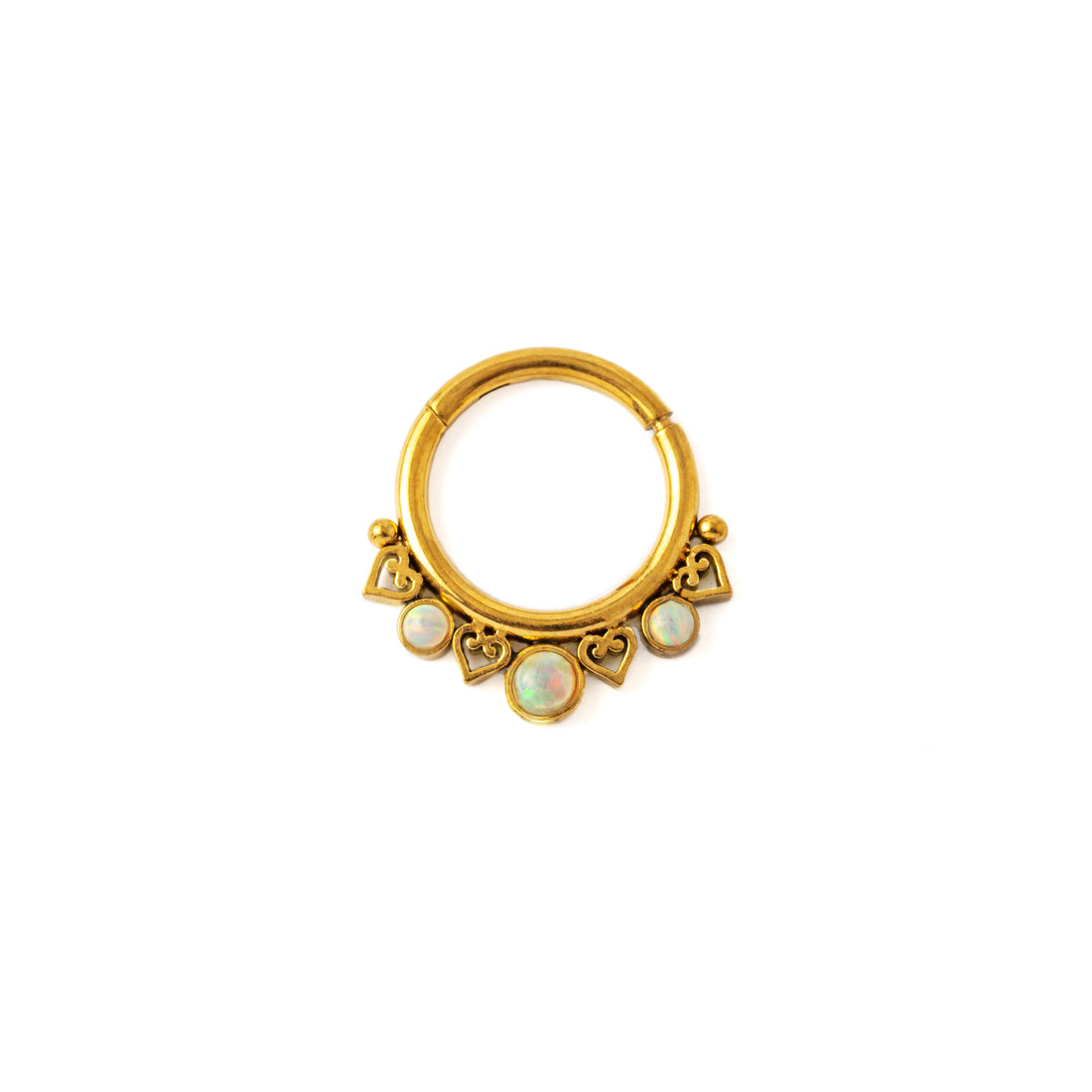 Golden Neptune Septum Clicker with White Opal frontal view