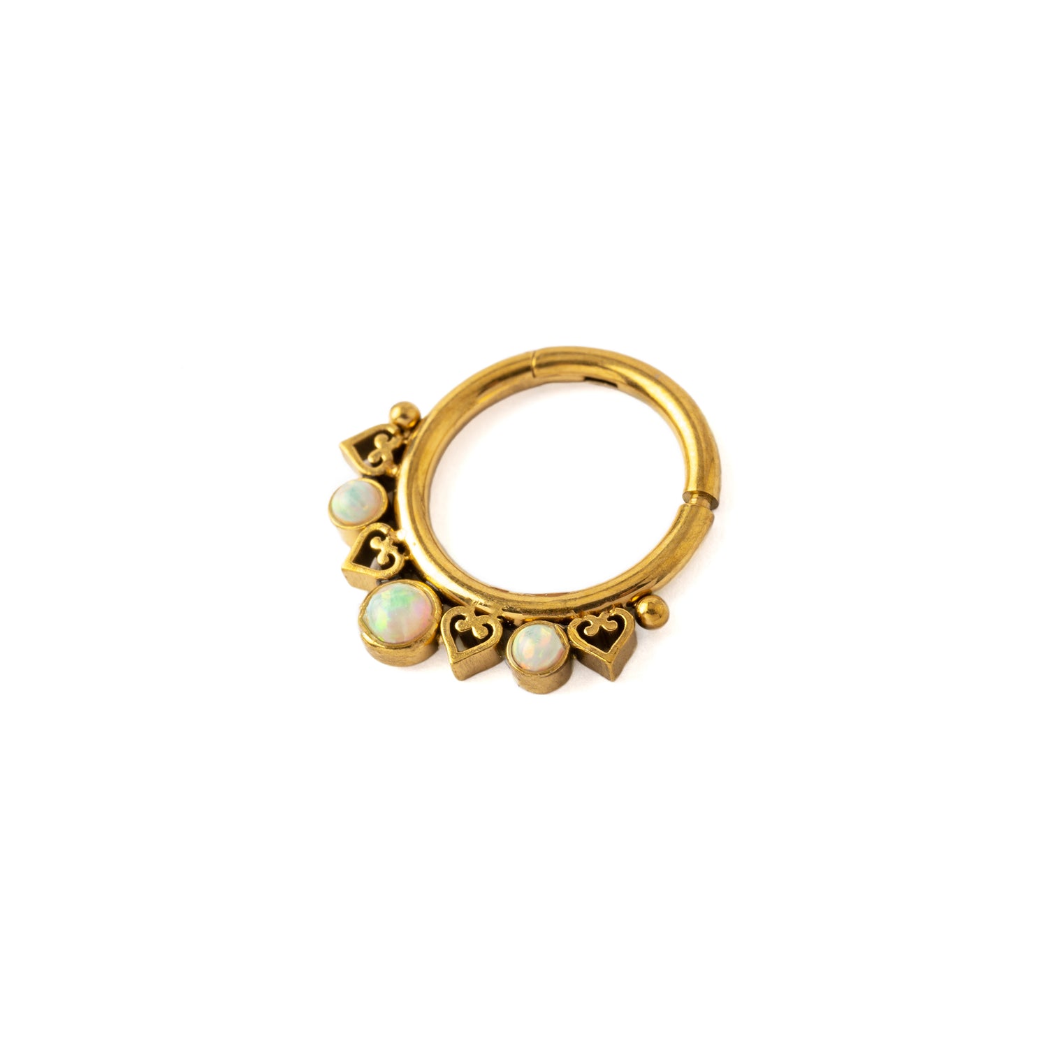 Golden Neptune Septum Clicker with White Opal right side view