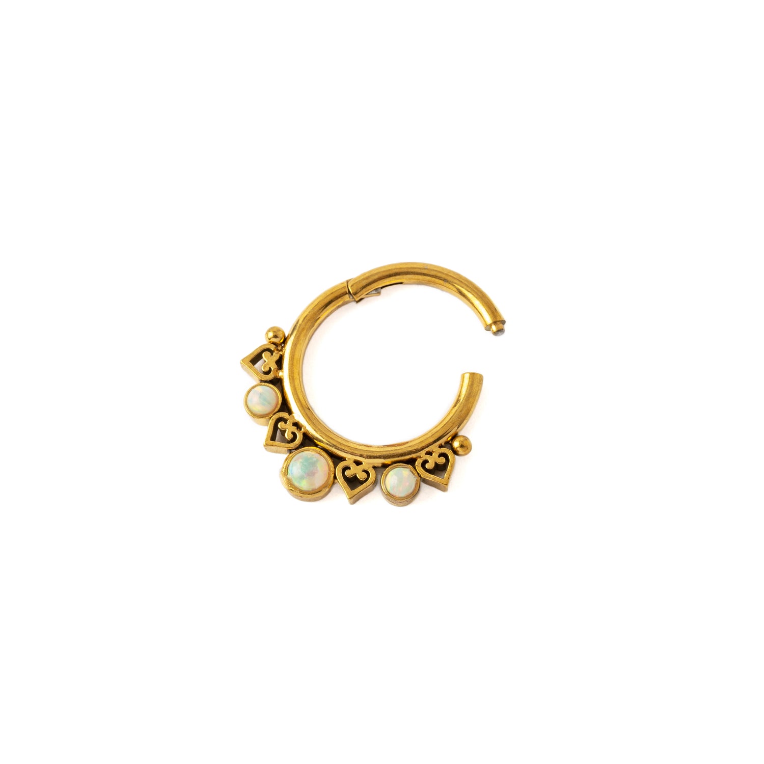 Golden Neptune Septum Clicker with White Opal hinge view
