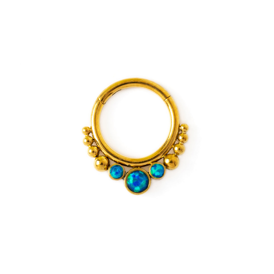 Golden Siti Clicker Ring with Blue Opal frontal view