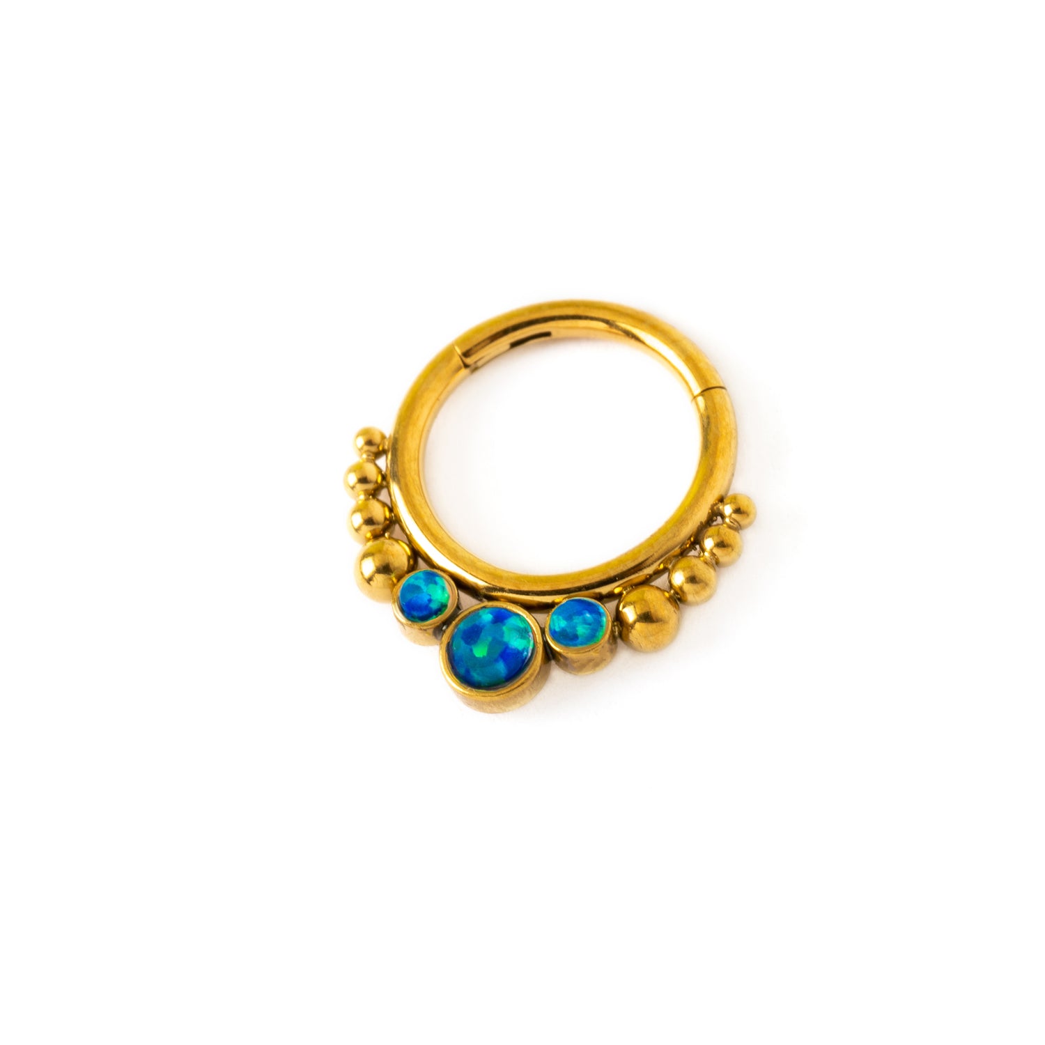 Golden Siti Clicker Ring with Blue Opal right side view