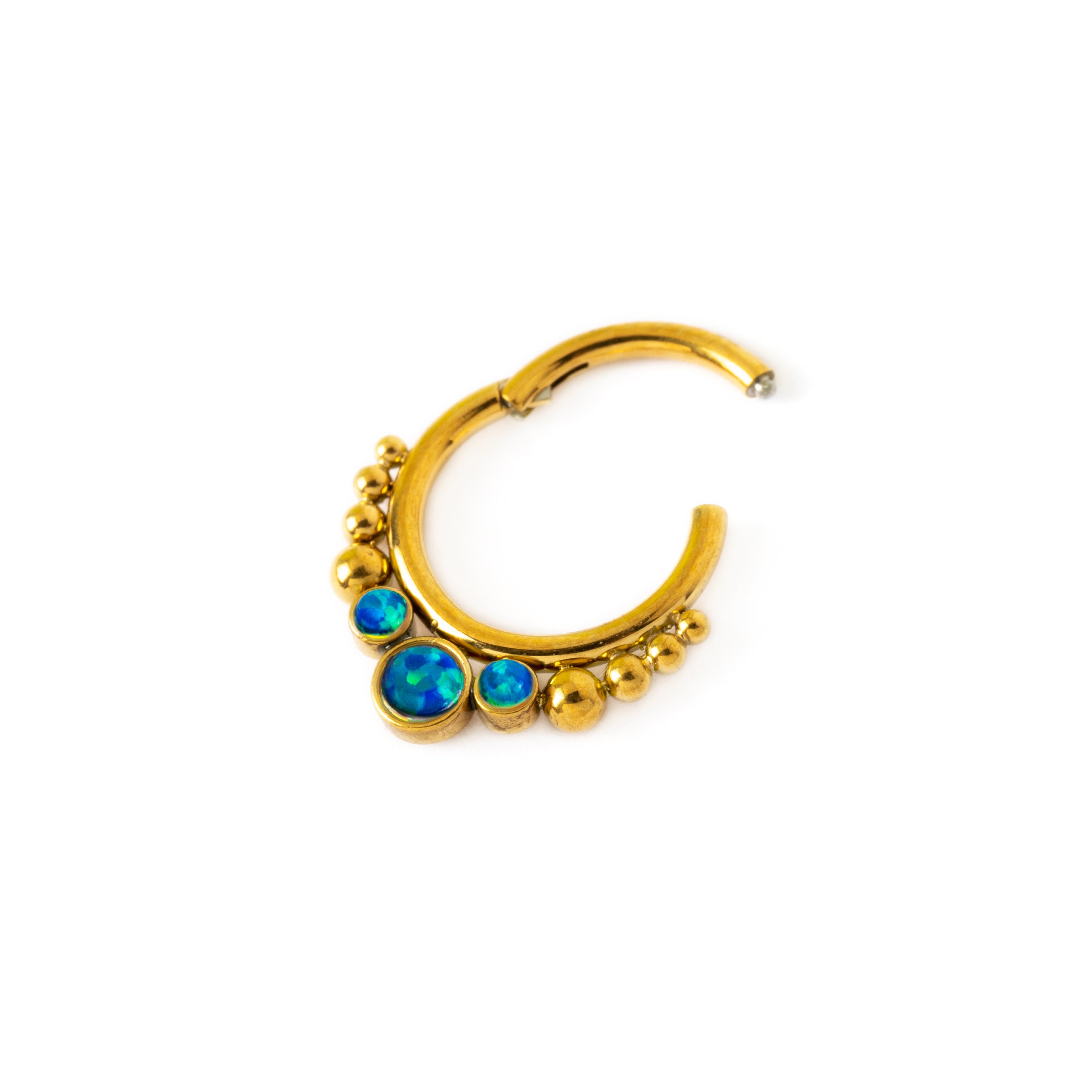 Golden Siti Clicker Ring with Blue Opal hinged segment closure view