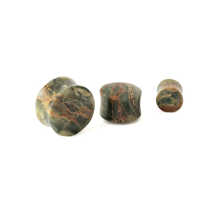 Three sizes of Green Jasper Plugs front and side view