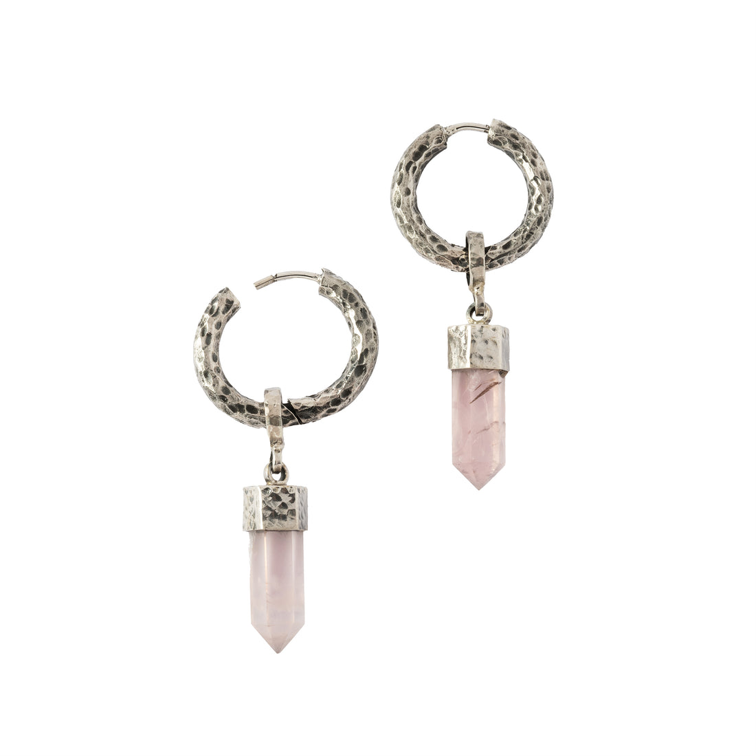 Hammered Sterling Silver hoop earrings with Rose Quartz pendant frontal open mode view