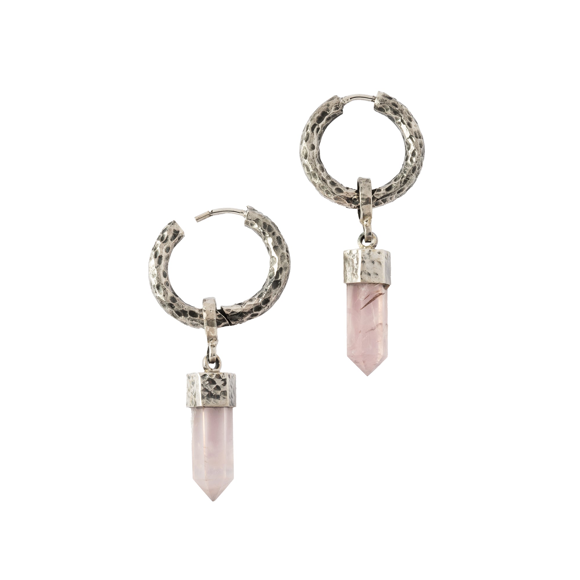 Hammered Sterling Silver hoop earrings with Rose Quartz pendant frontal open mode view