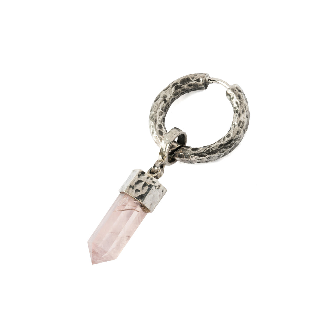 Hammered Sterling Silver hoop earring with Rose Quartz pendant right side view