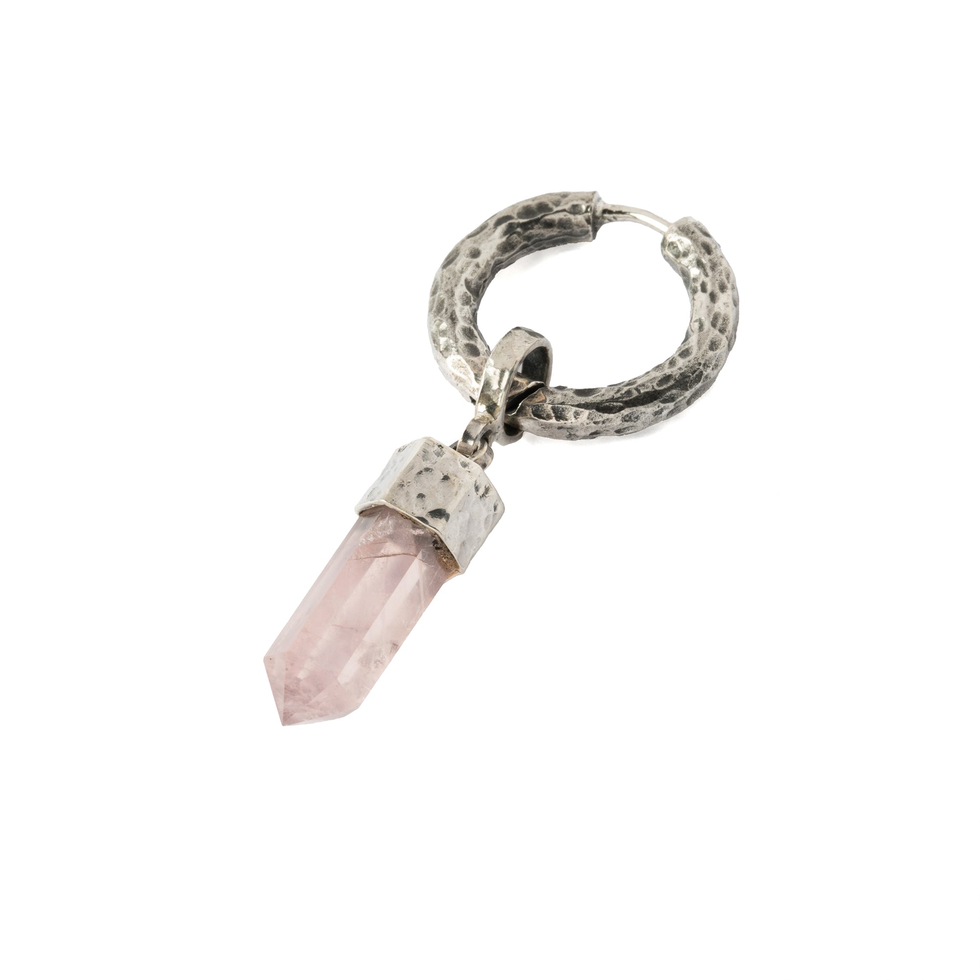 Hammered Sterling Silver hoop earring with Rose Quartz pendant right side view