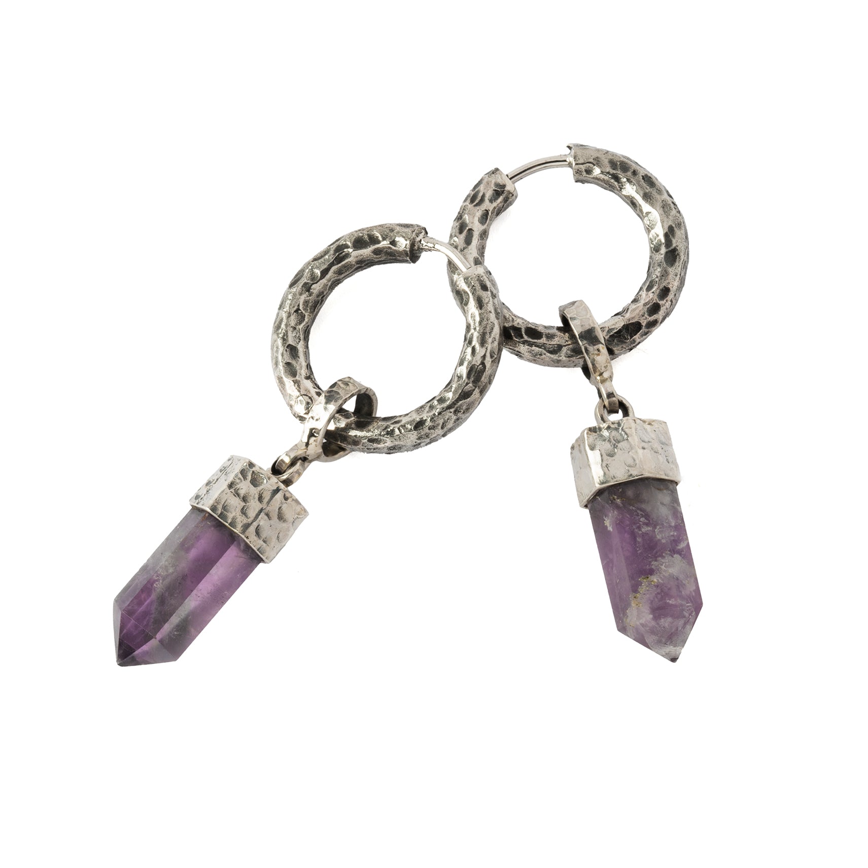 Hammered Sterling Silver hoop earrings with Amethyst pendant frontal view