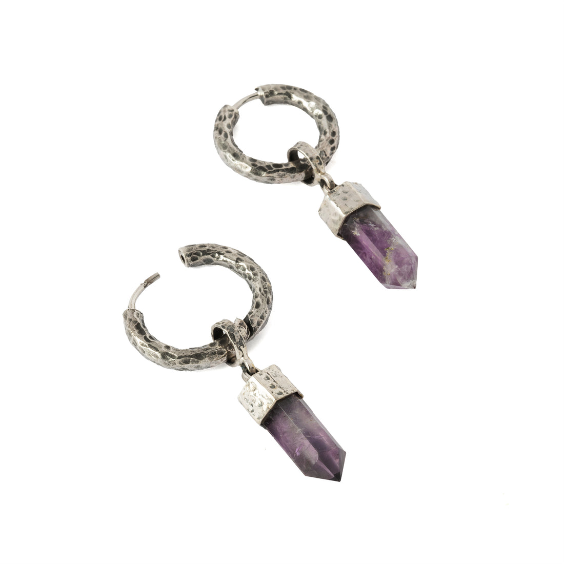 Hammered Sterling Silver hoop earrings with Amethyst pendant open mode view