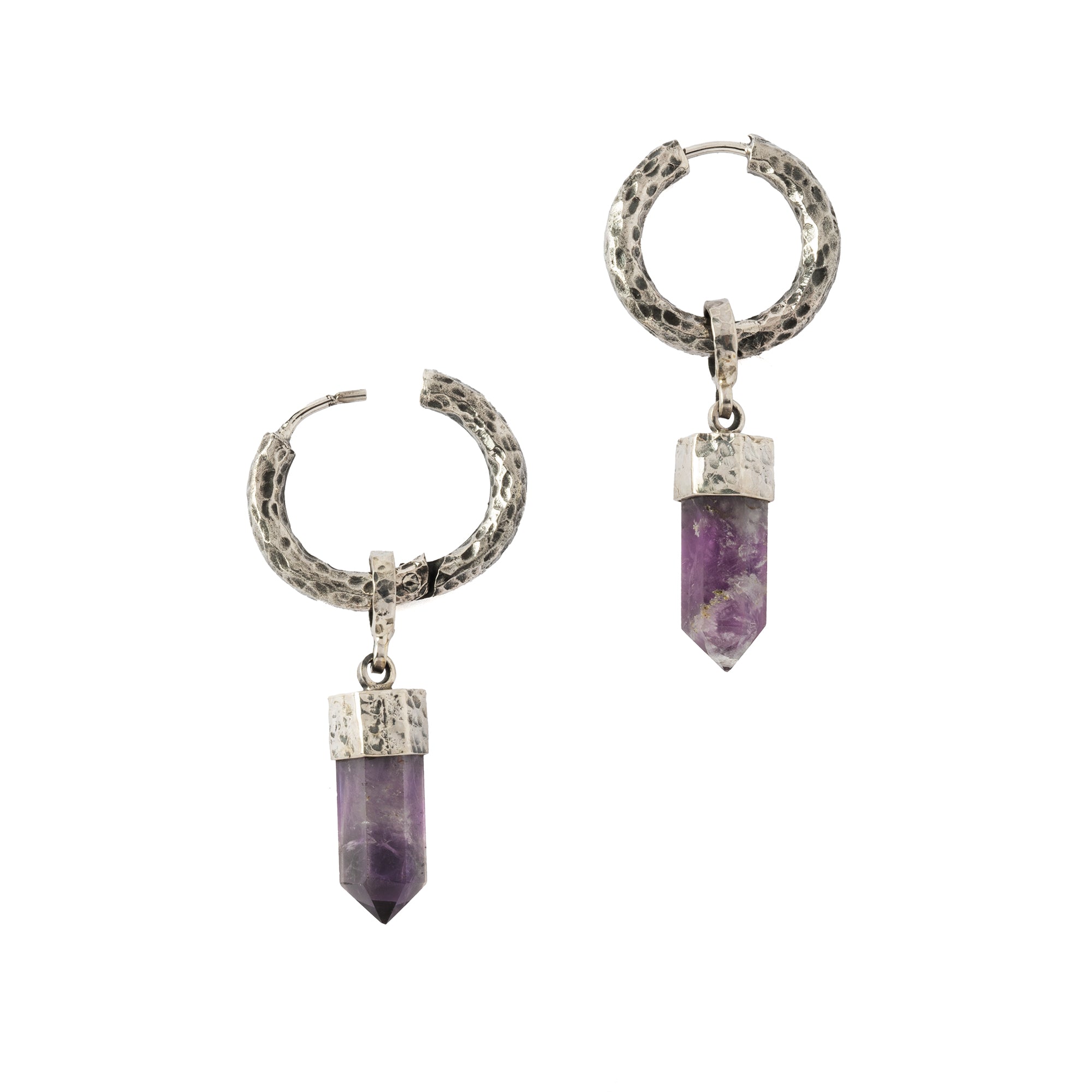 Hammered Sterling Silver hoop earrings with Amethyst pendant open mode view