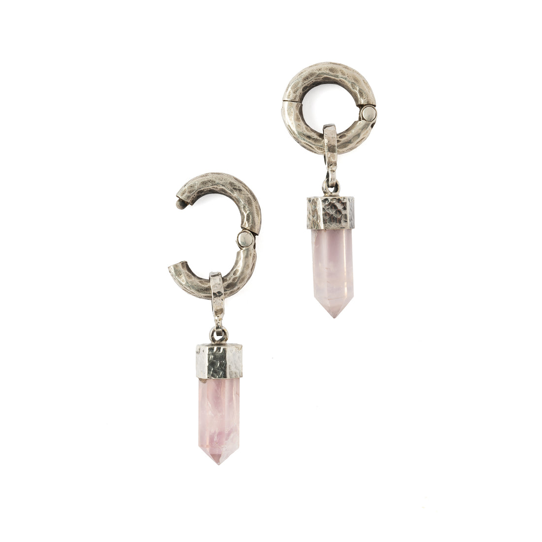 hammered sterling silver hoop ear weight hangers with Rose Quartz open mode view