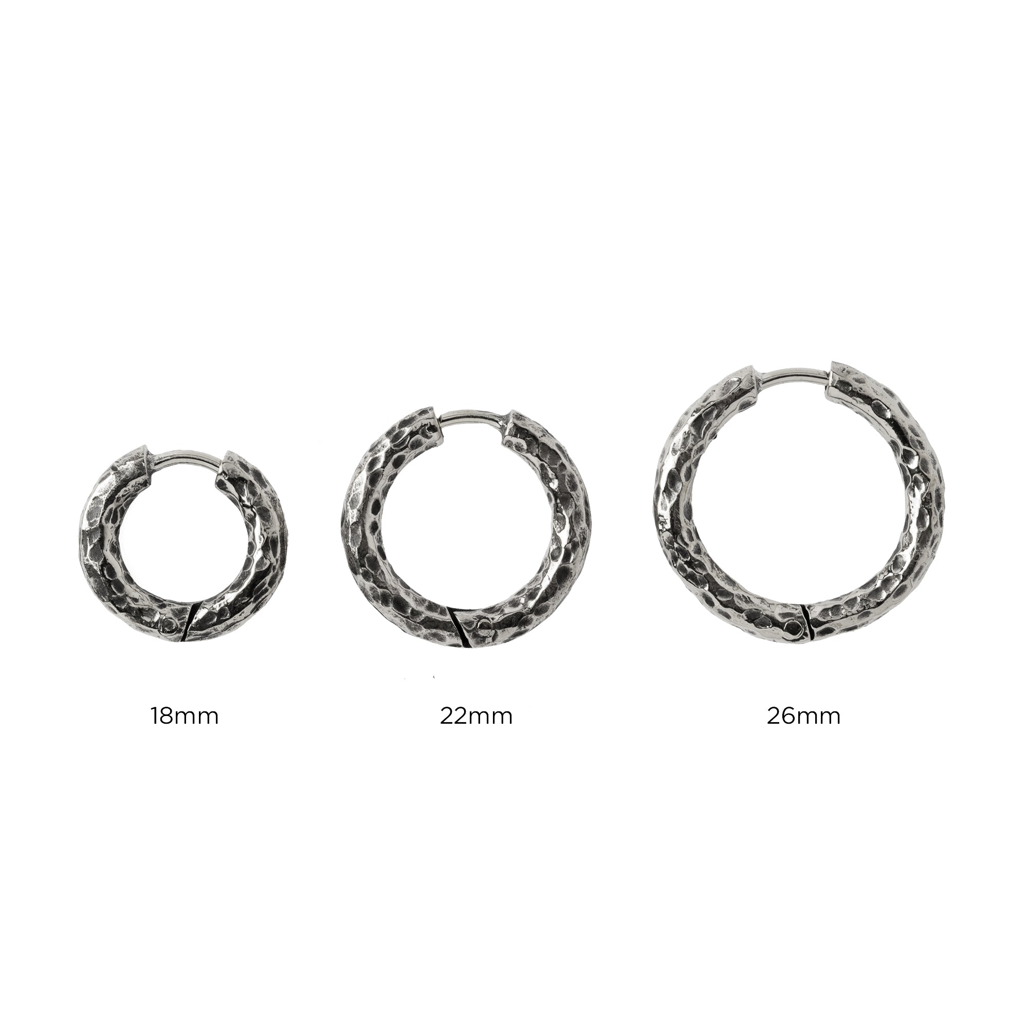18mm, 22mm and 26mm Hammered Silver Clicker Hoops earrings 