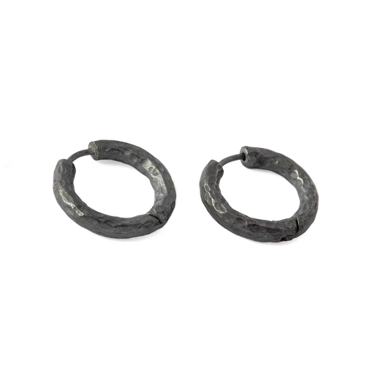 Hammered Black Silver Clicker Hoops left side view