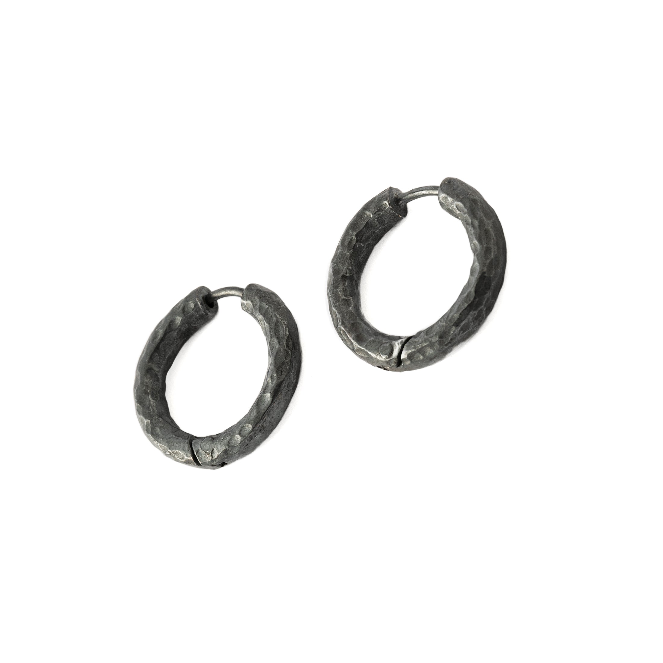 Hammered Black Silver Clicker Hoops right side view