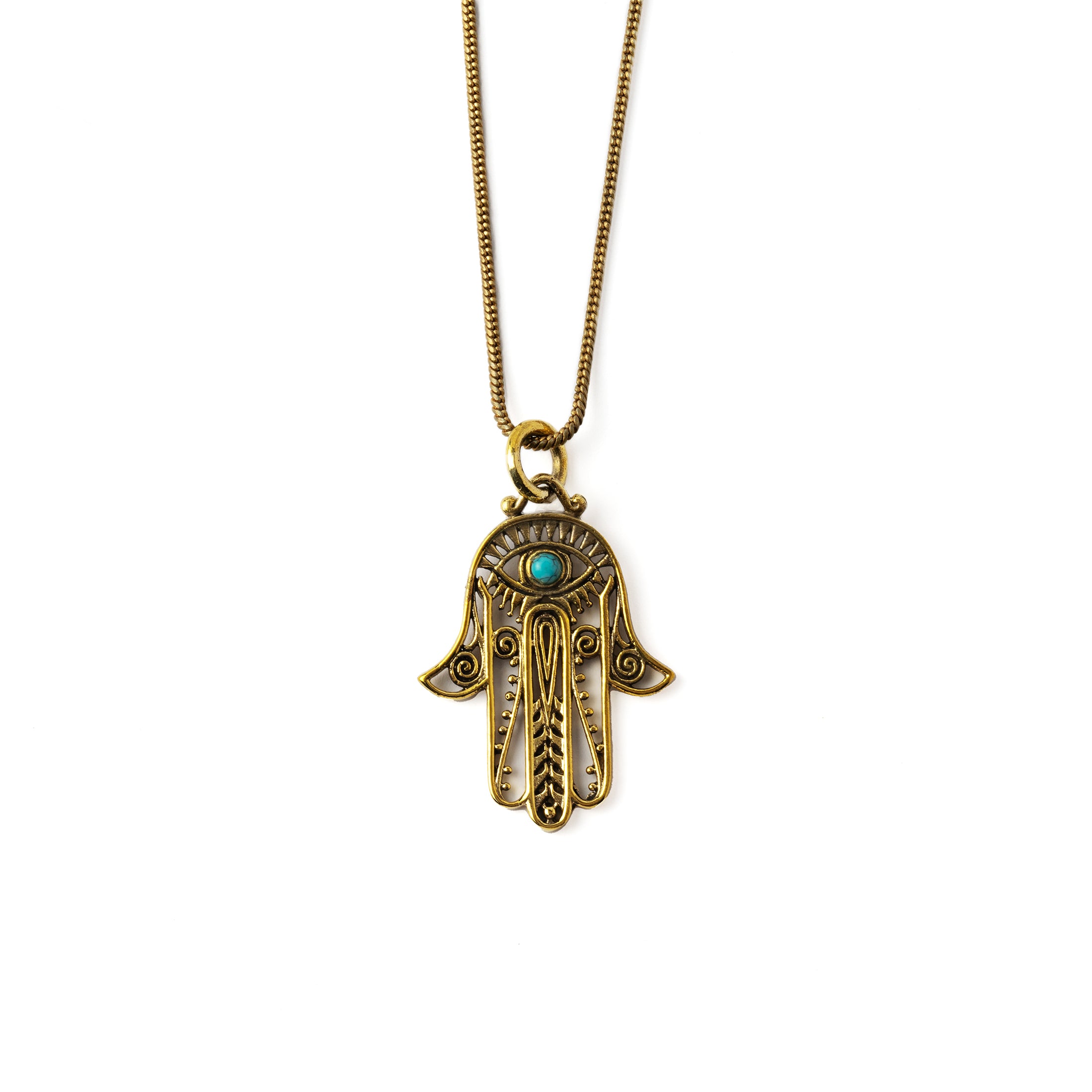Hamsa Evil Eye Necklace frontal view with Turquoise