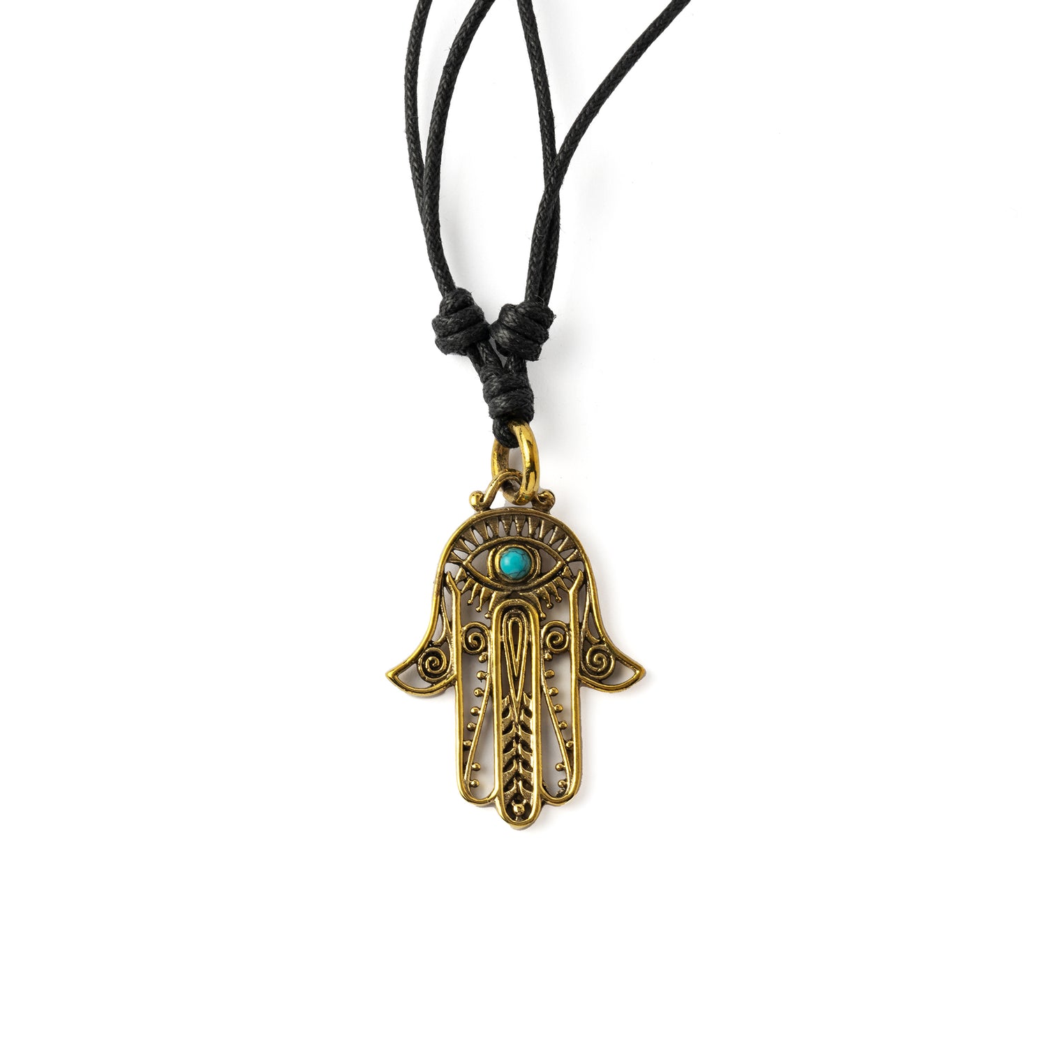 Hamsa Evil Eye Necklace on cotton string frontal view with Turquoise