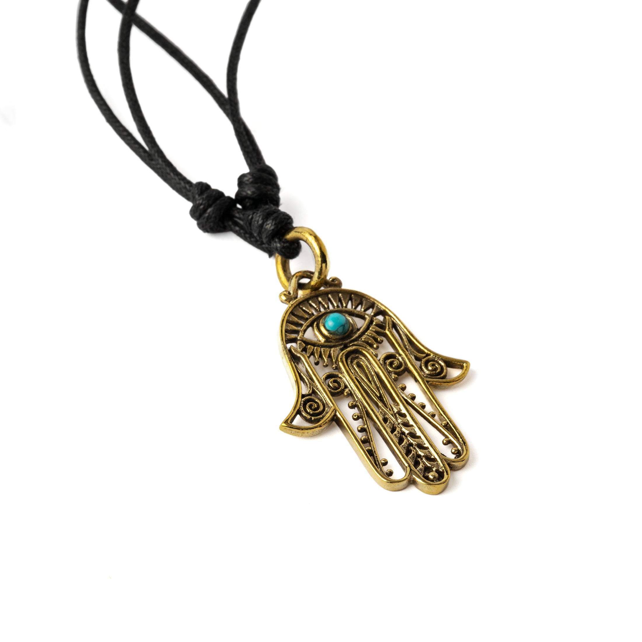 Hamsa Evil Eye Necklace left side view with Turquoise