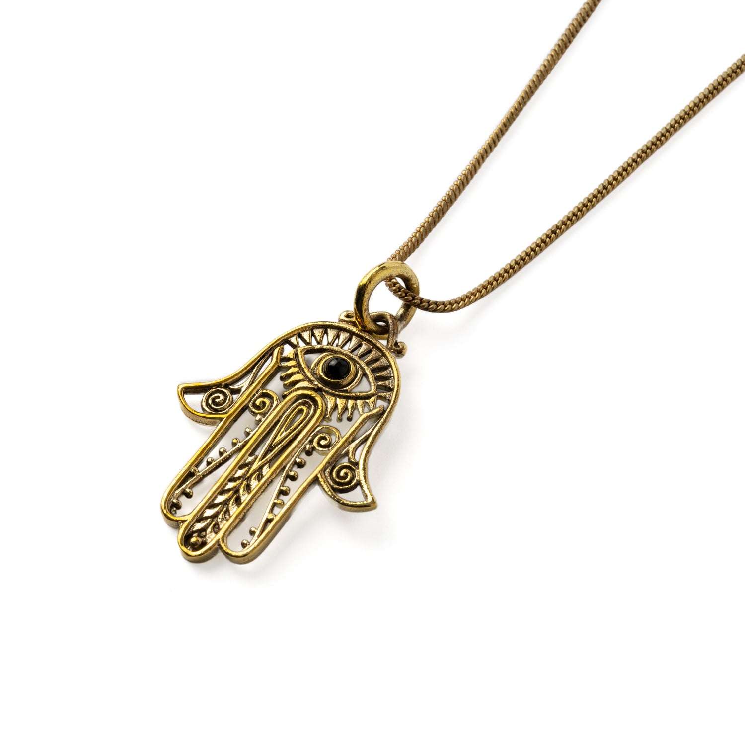 Hamsa Evil Eye Necklace right side view with Black Onyx