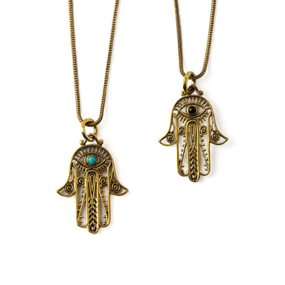 Hamsa Evil Eye Necklace both sides frontal view with Turquoise and Black Onyx