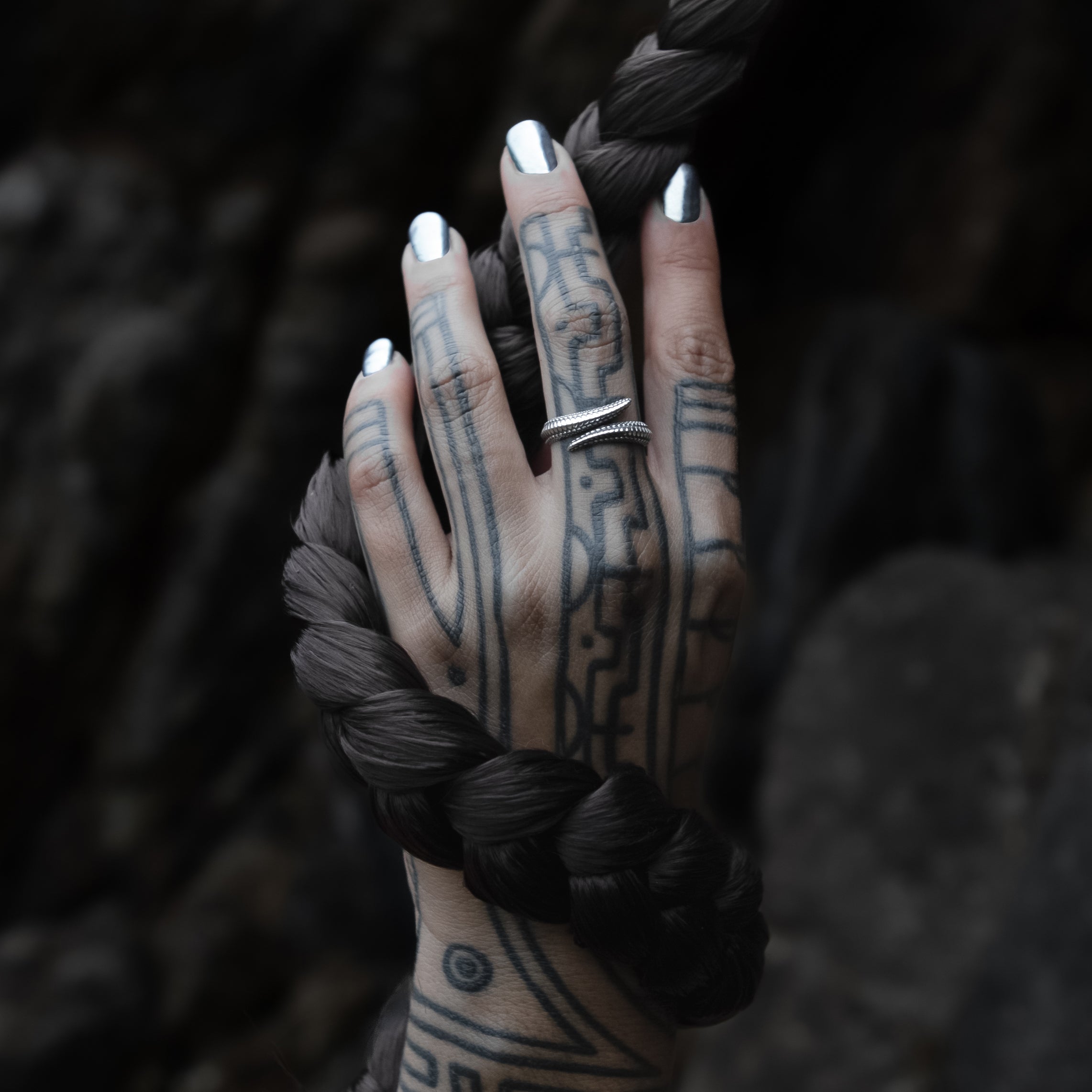 model wearing Silver Dragon Scale Ring