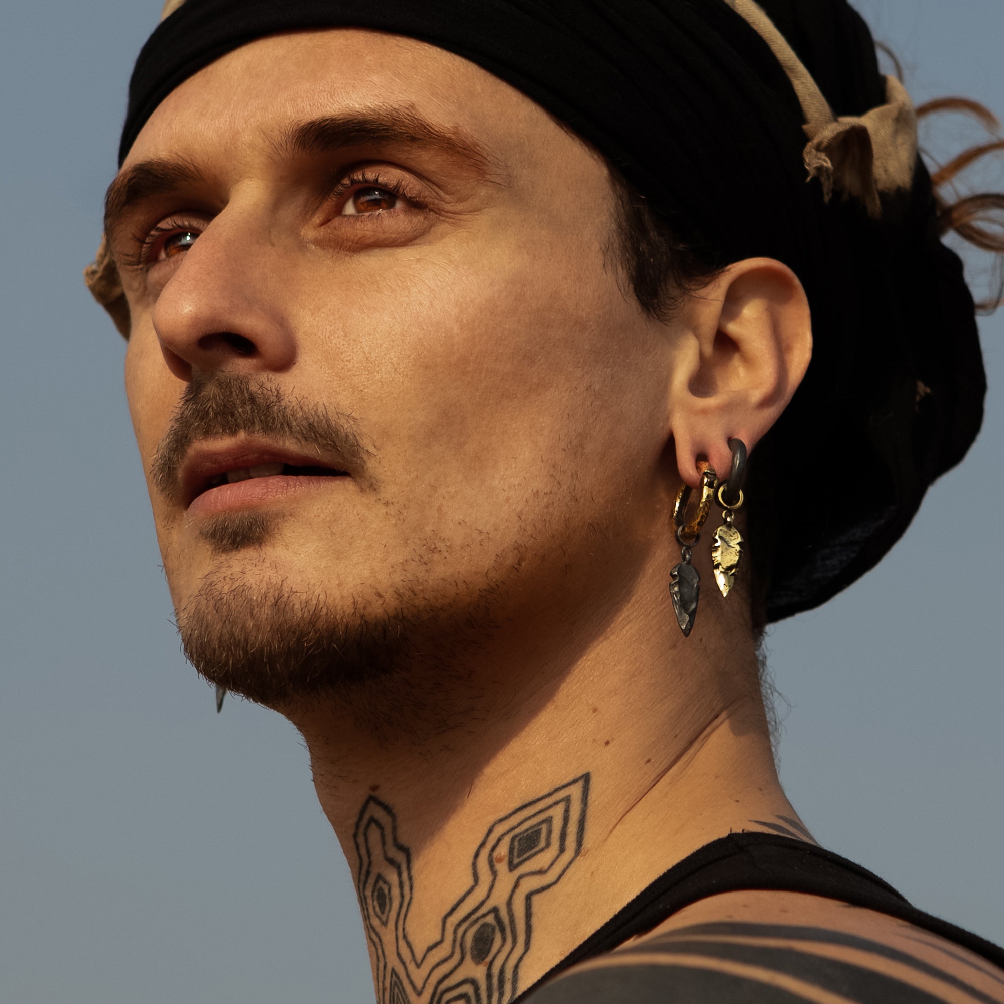 Black Silver Hoops with Golden Arrowhead Hangers