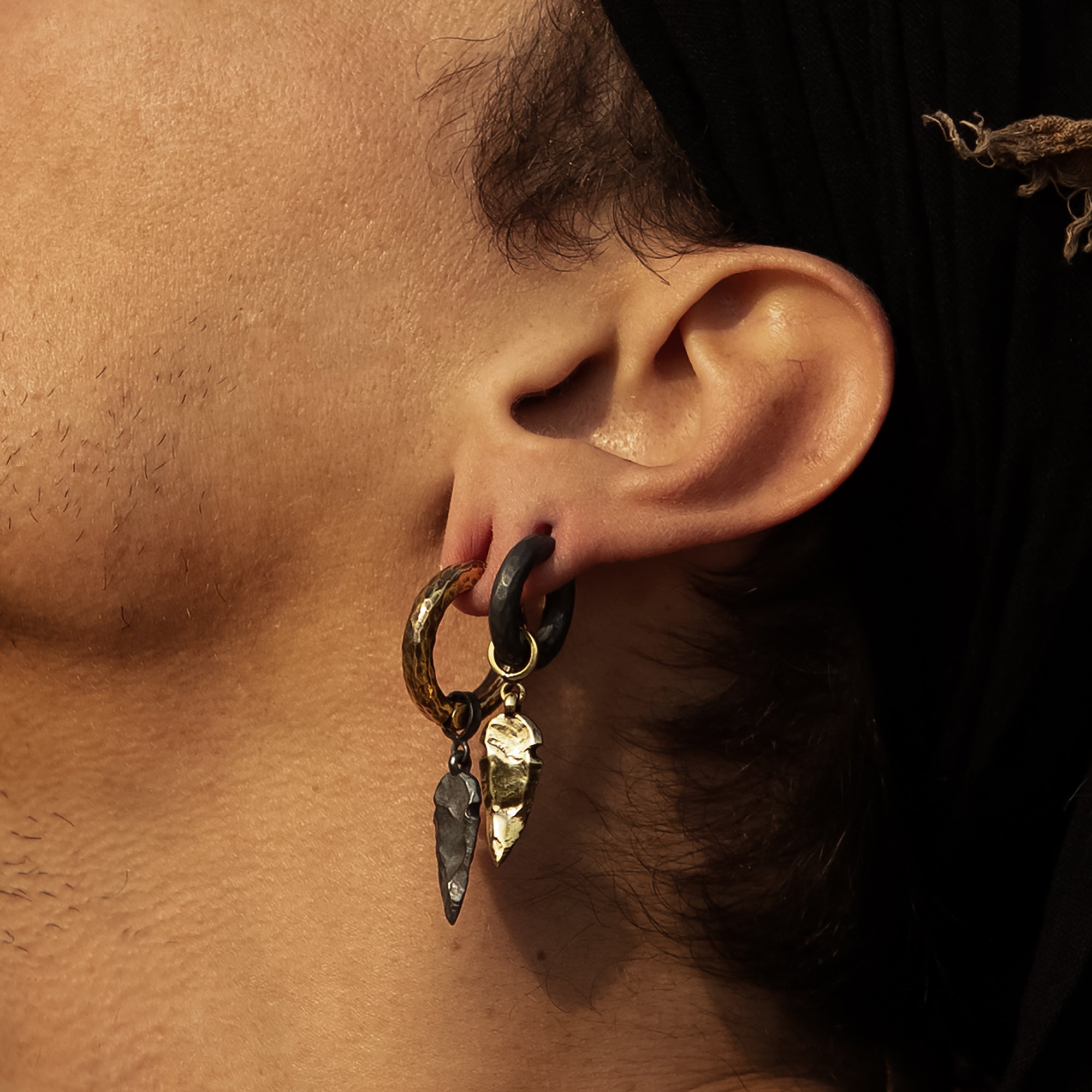 Golden Hoops with Black Silver Arrowhead Hangers