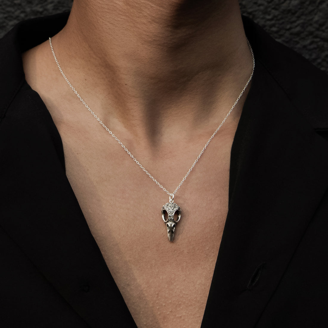 Silver Victorian Raven Skull Necklace