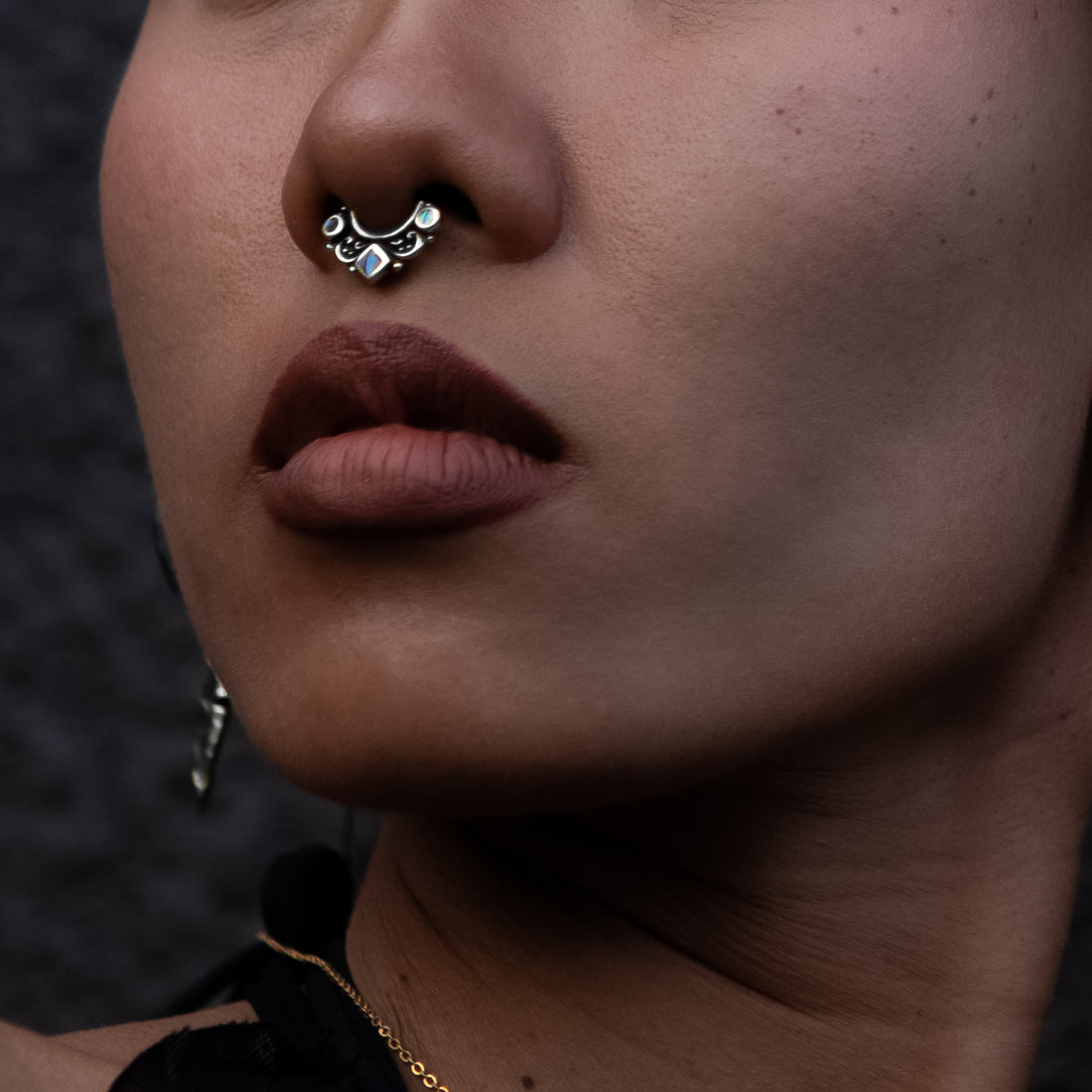 model wearing Agatha Abalone Silver Septum