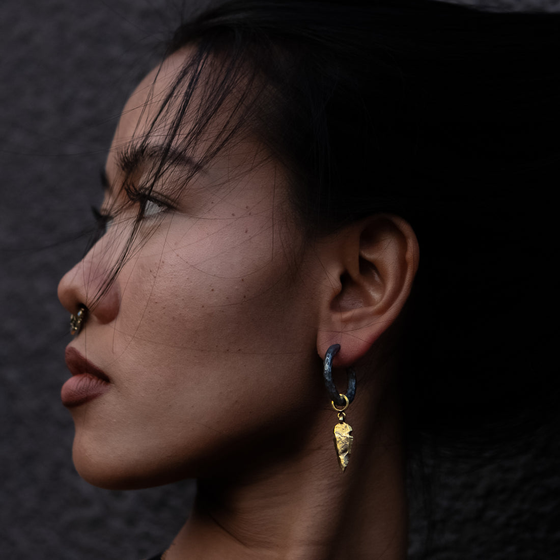 Black Silver Hoops with Golden Arrowhead Hangers