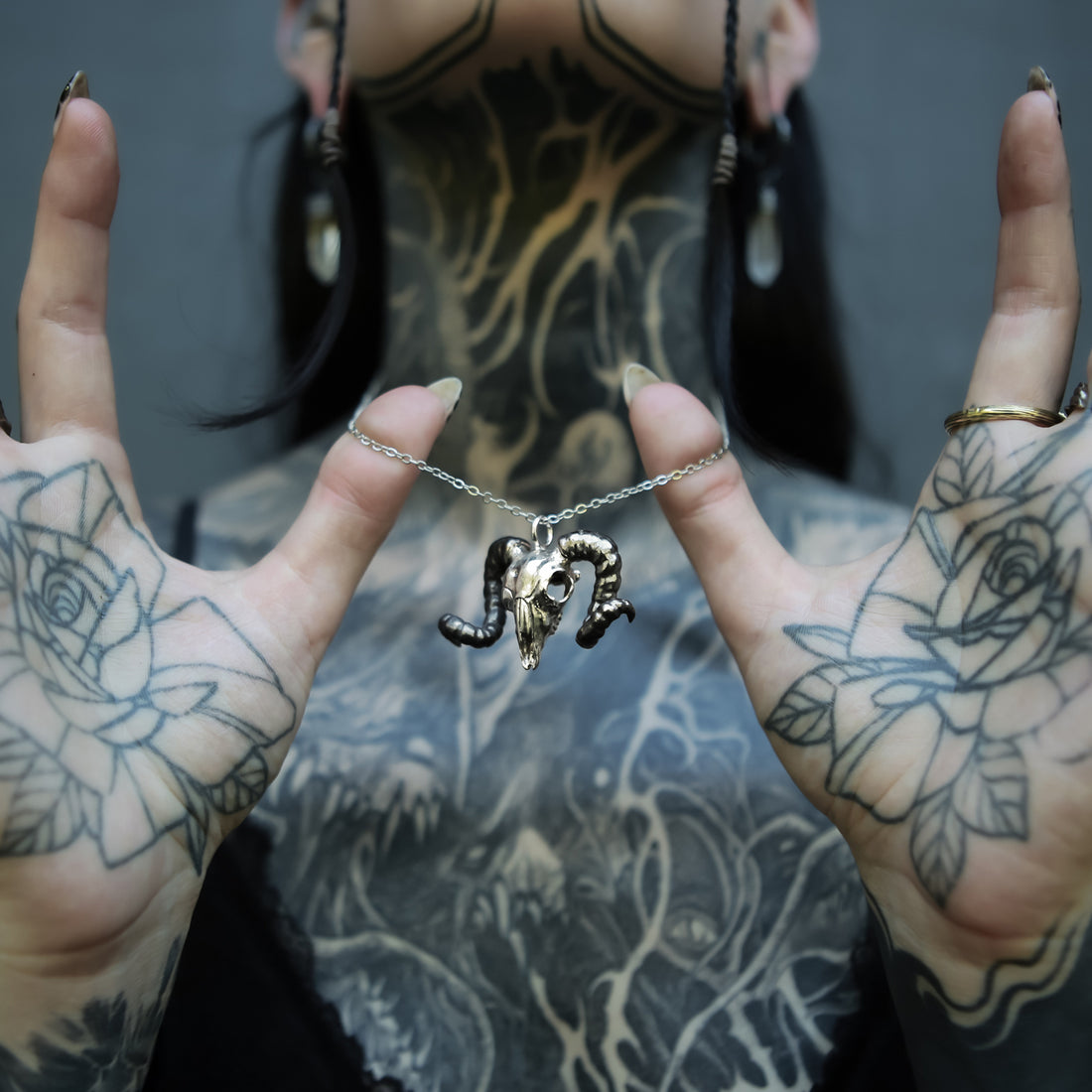 Black Horned Ram Skull Pendant