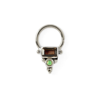 Jaya Silver Septum ring with Smokey Quartz and Opal frontal view
