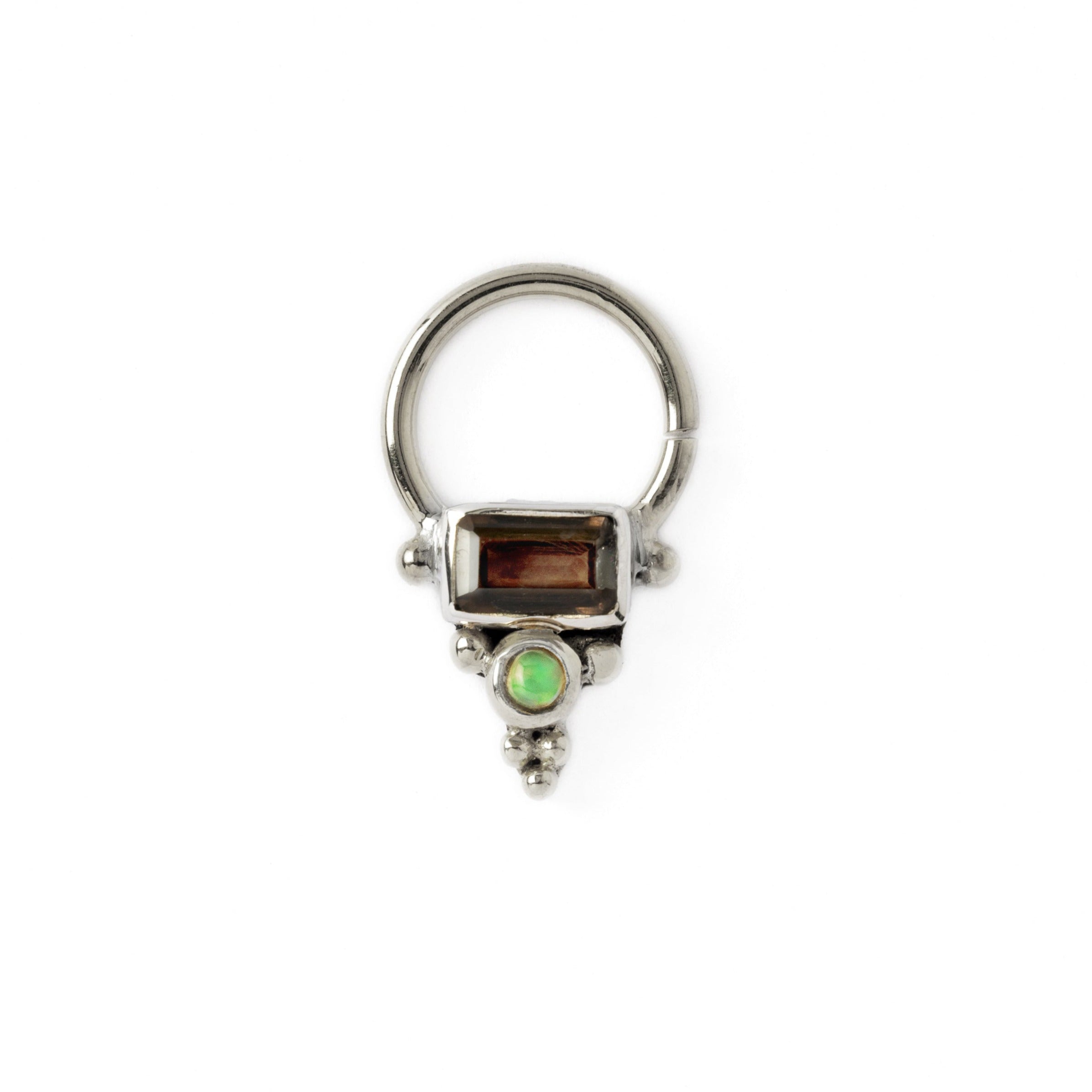 Jaya Silver Septum ring with Smokey Quartz and Opal frontal view