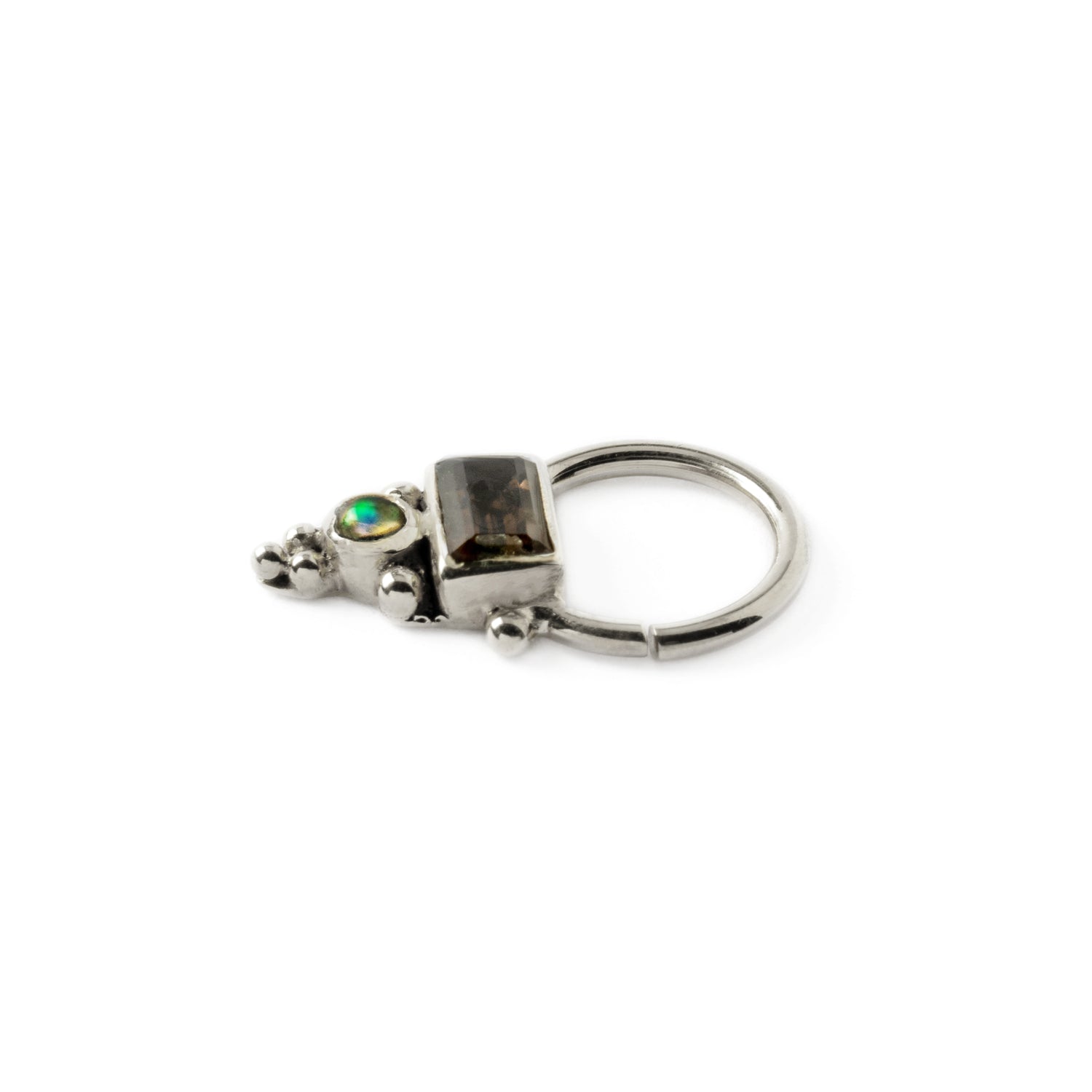 Jaya Silver Septum ring with Smokey Quartz and Opal side view