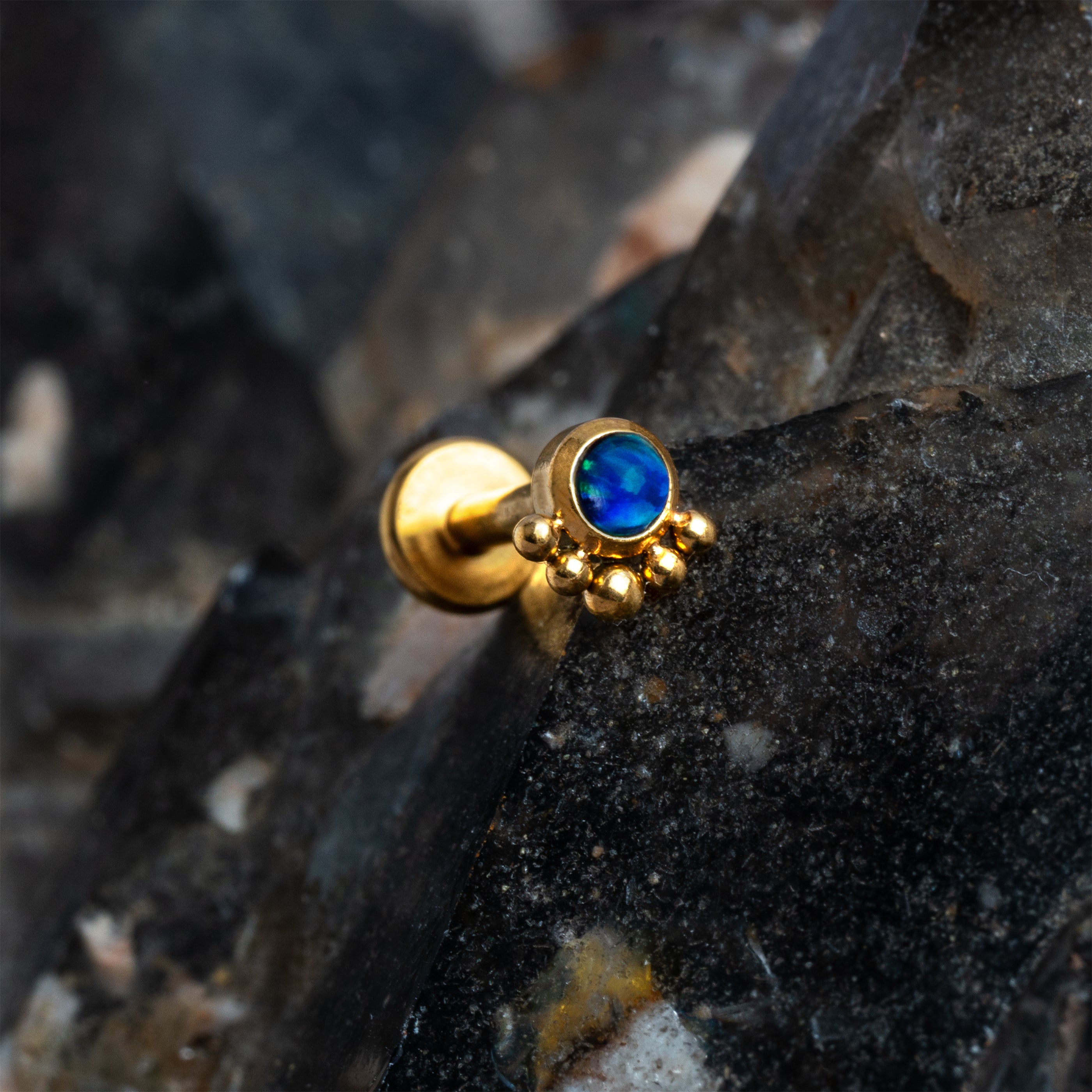 Layla gold surgical steel internally threaded flat back Labret with Blue Opal