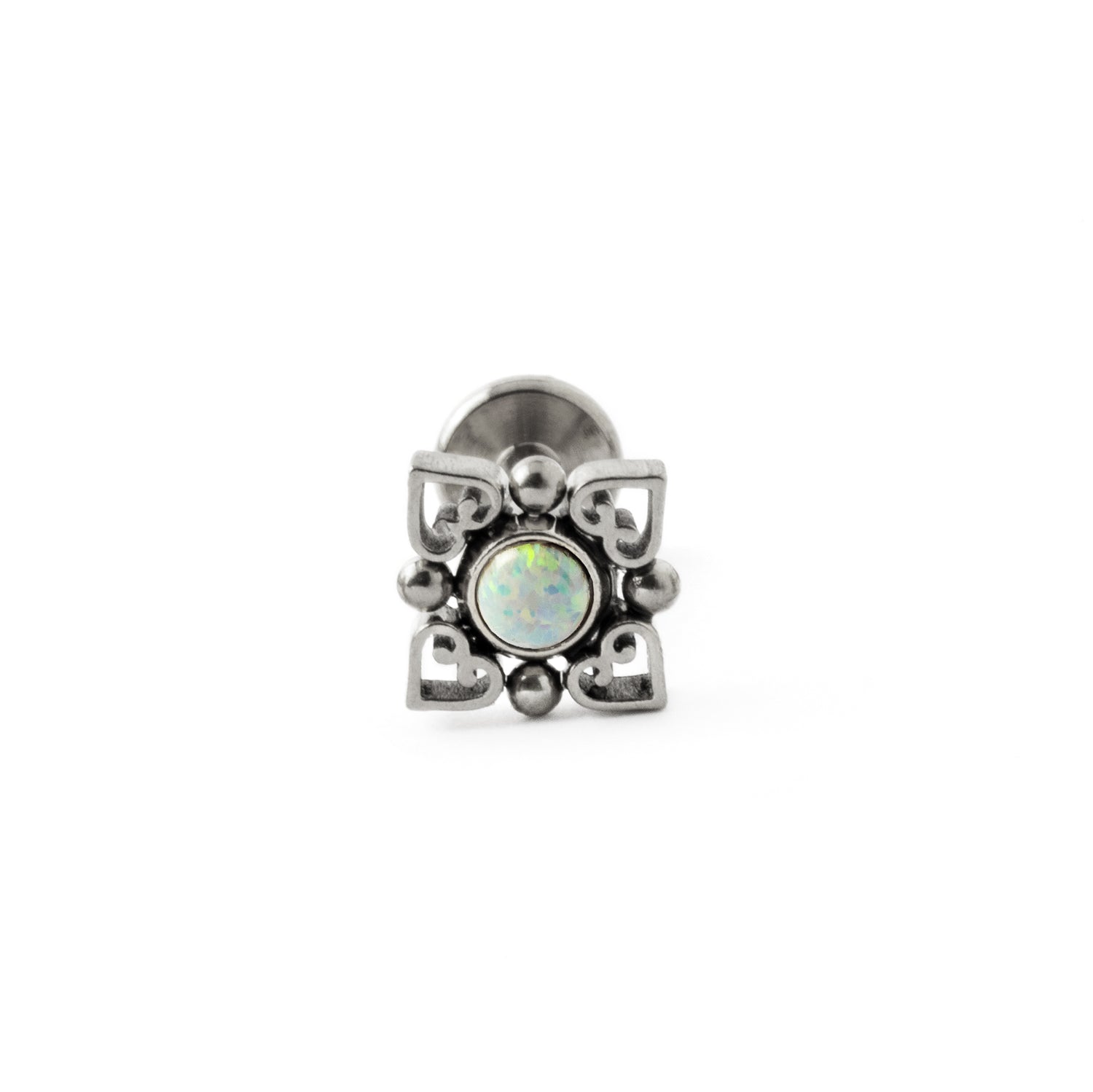 Neptune surgical steel internally threaded flat back Labret with White Opal frontal view