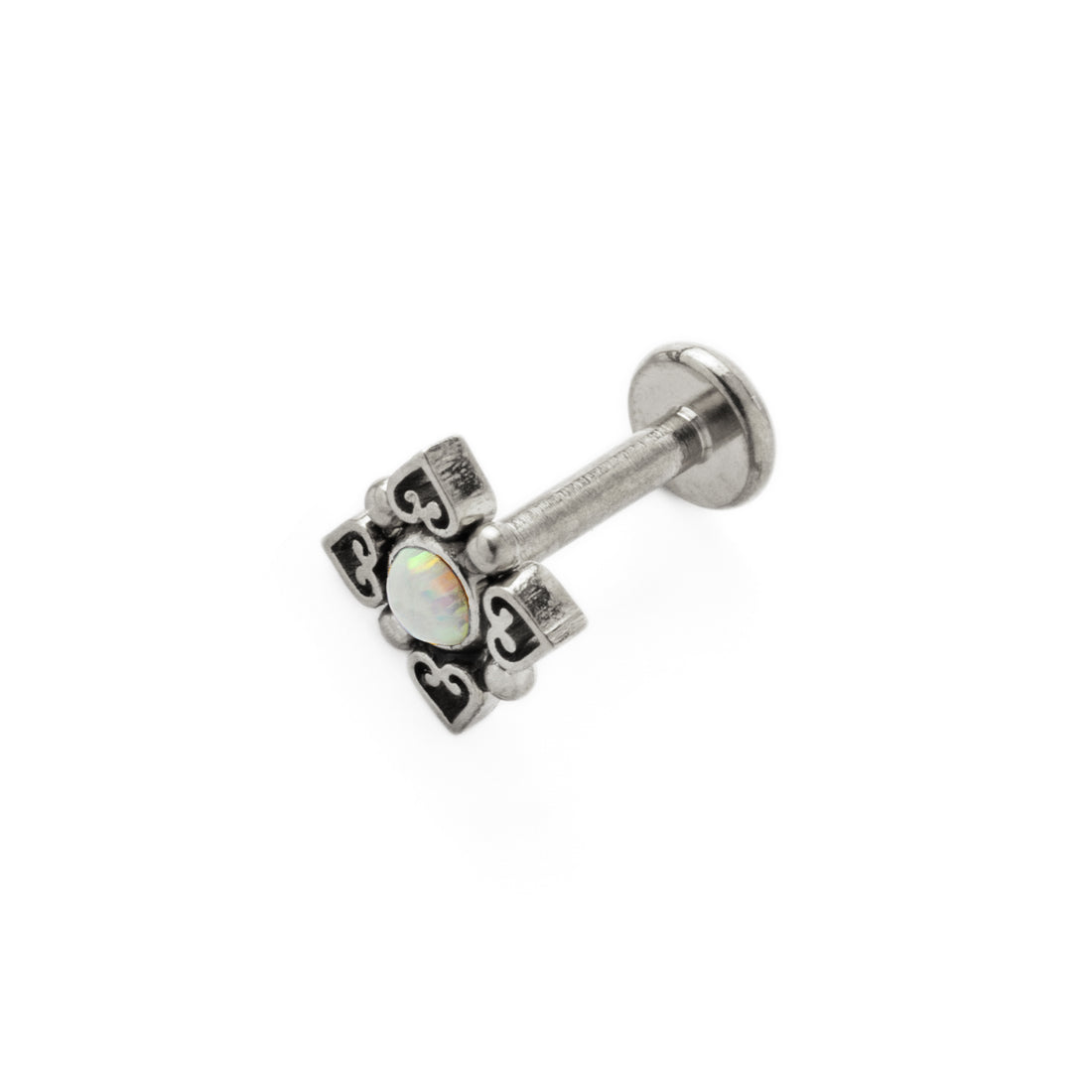 Neptune surgical steel internally threaded flat back Labret with White Opal right side view view