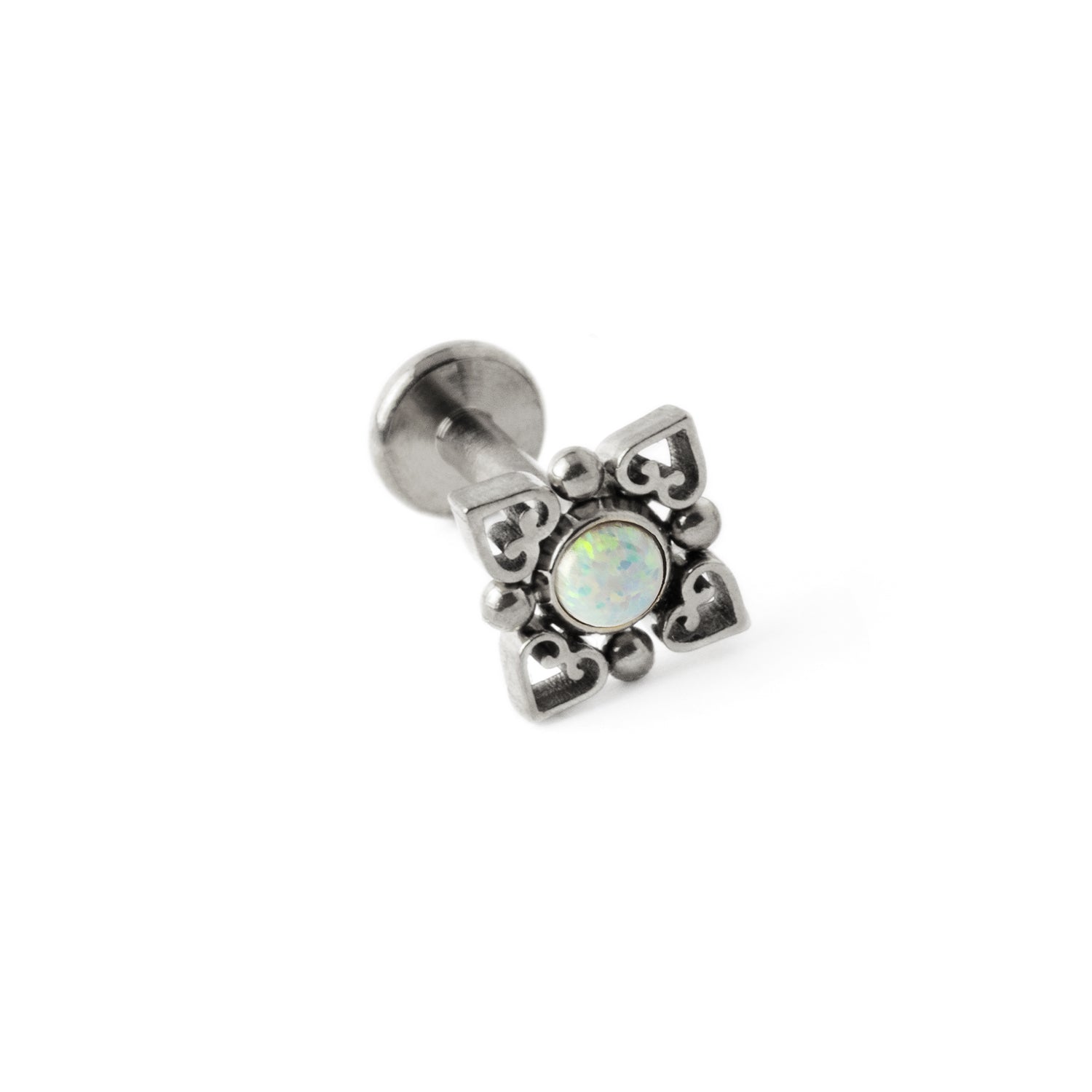 Neptune surgical steel internally threaded flat back Labret with White Opal left side view view