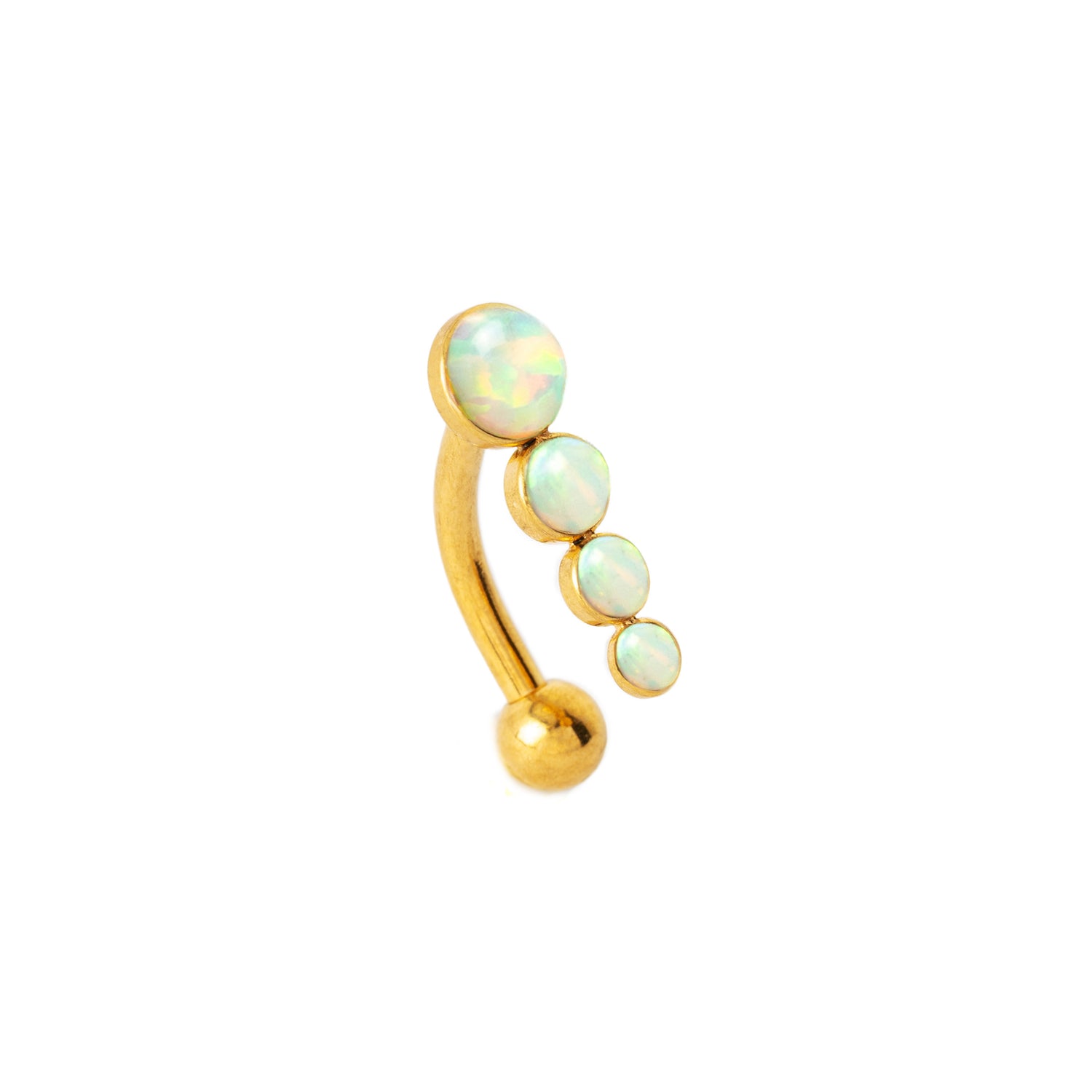 Newton golden surgical steel navel piercing with White Opal left side view