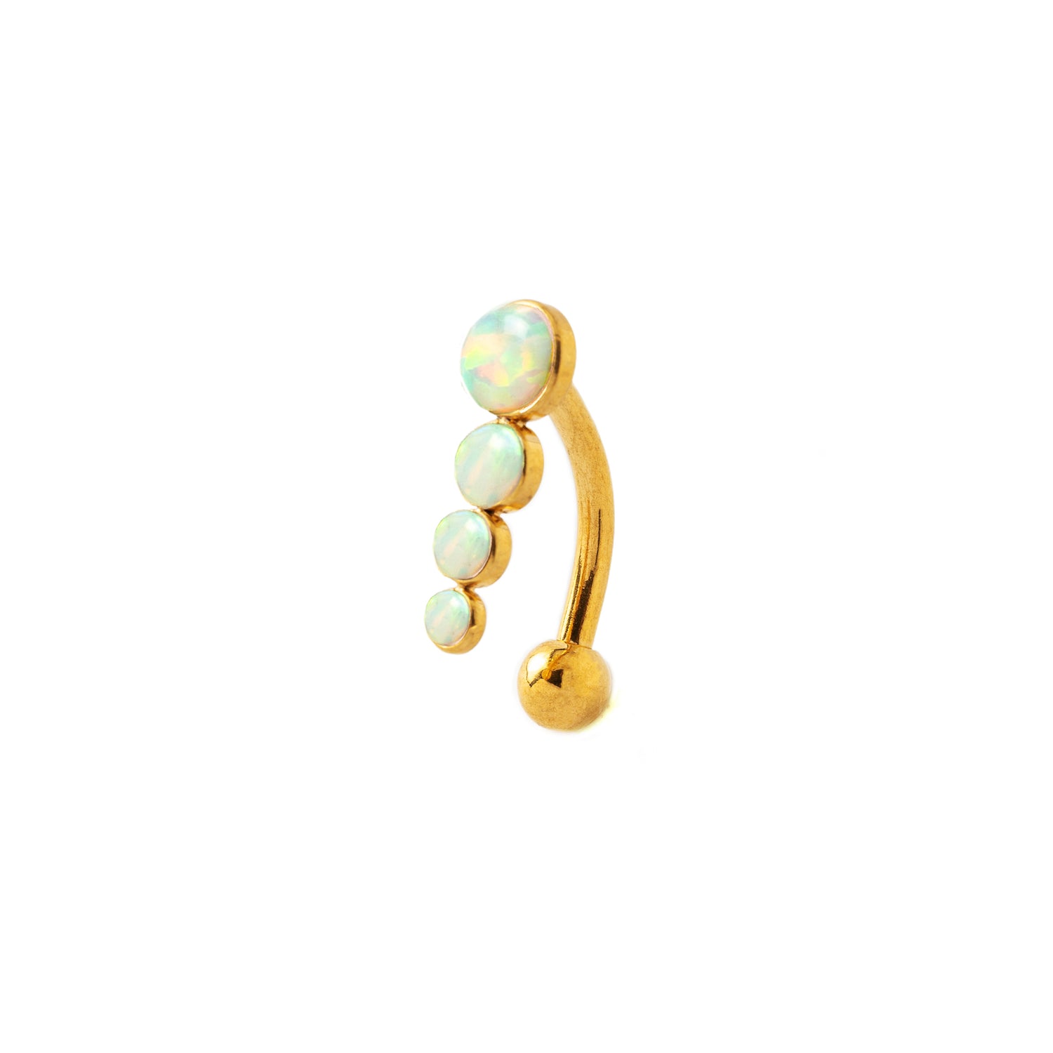 Newton golden surgical steel navel piercing with White Opal right side view