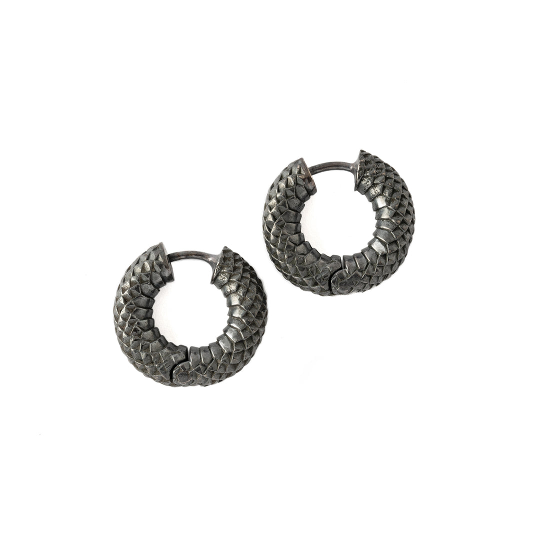 Pair of Rebirth Black Silver Clicker Earrings side view