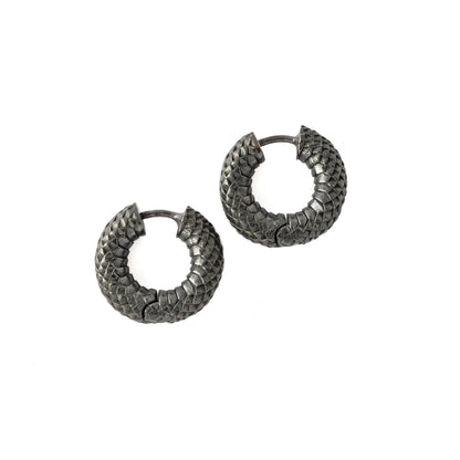 Pair of Rebirth Black Silver Clicker Earrings side view