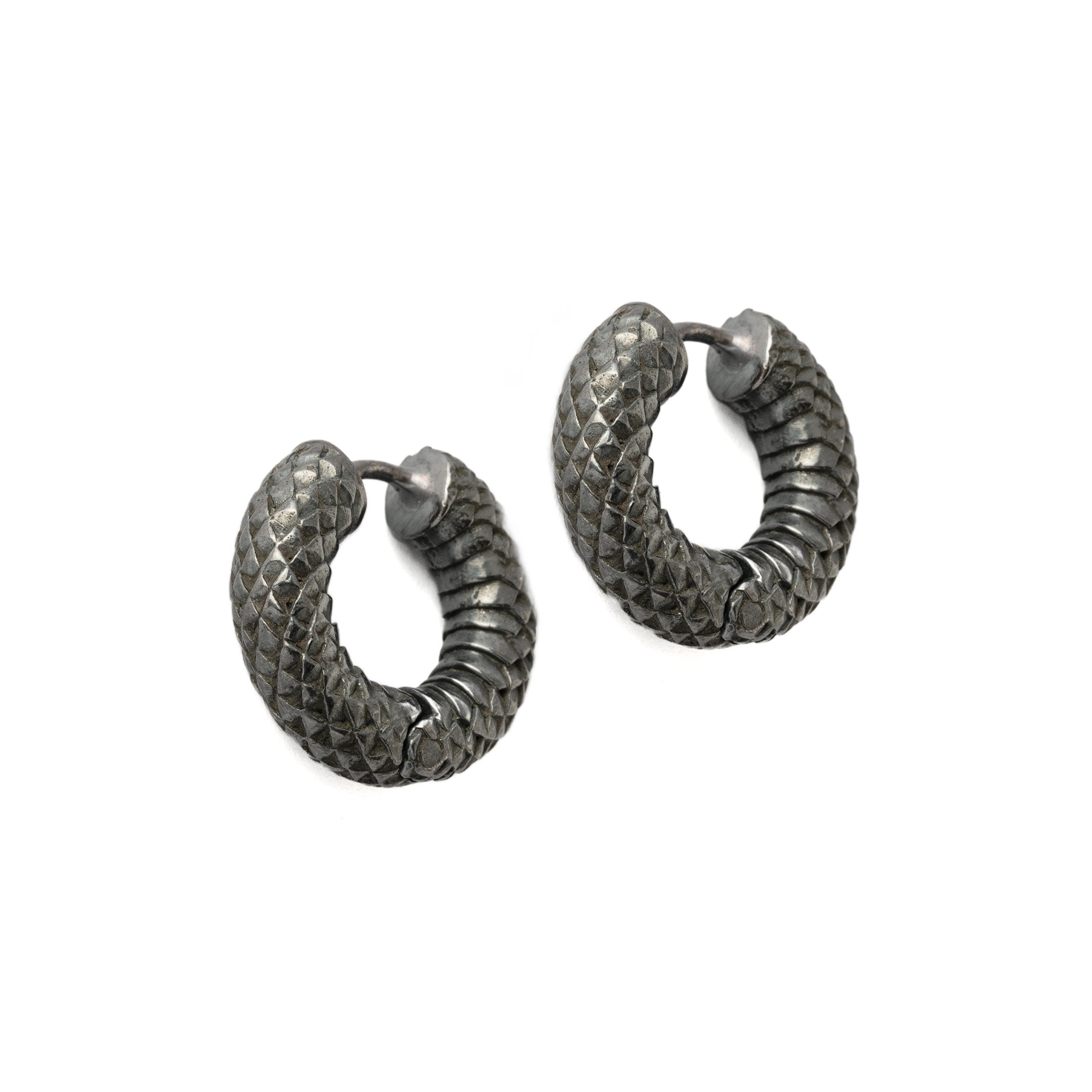 Pair of Rebirth Black Silver Clicker Earrings front view