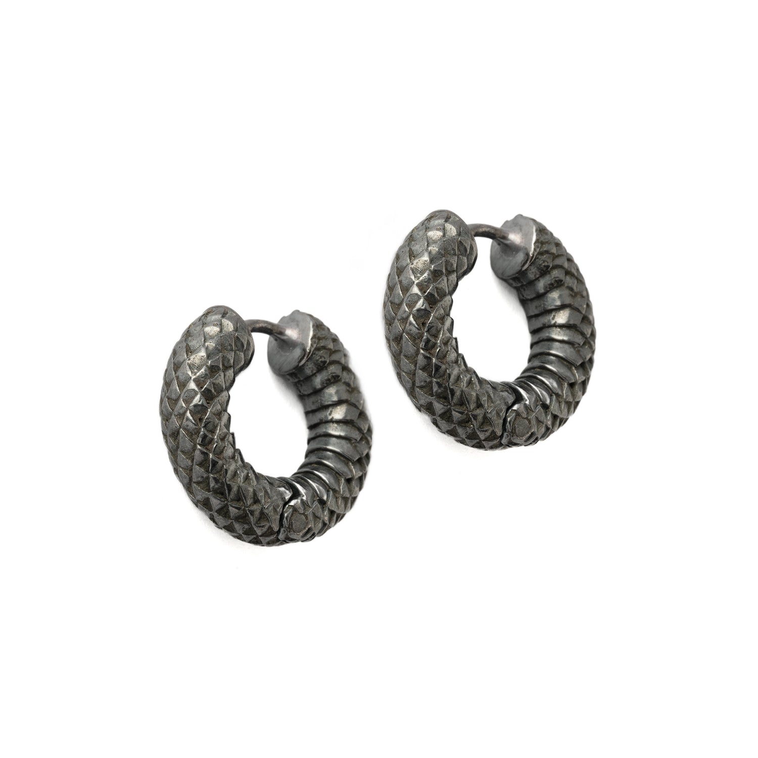 pair of Black Silver Rebirth Clicker hoop Earrings side view