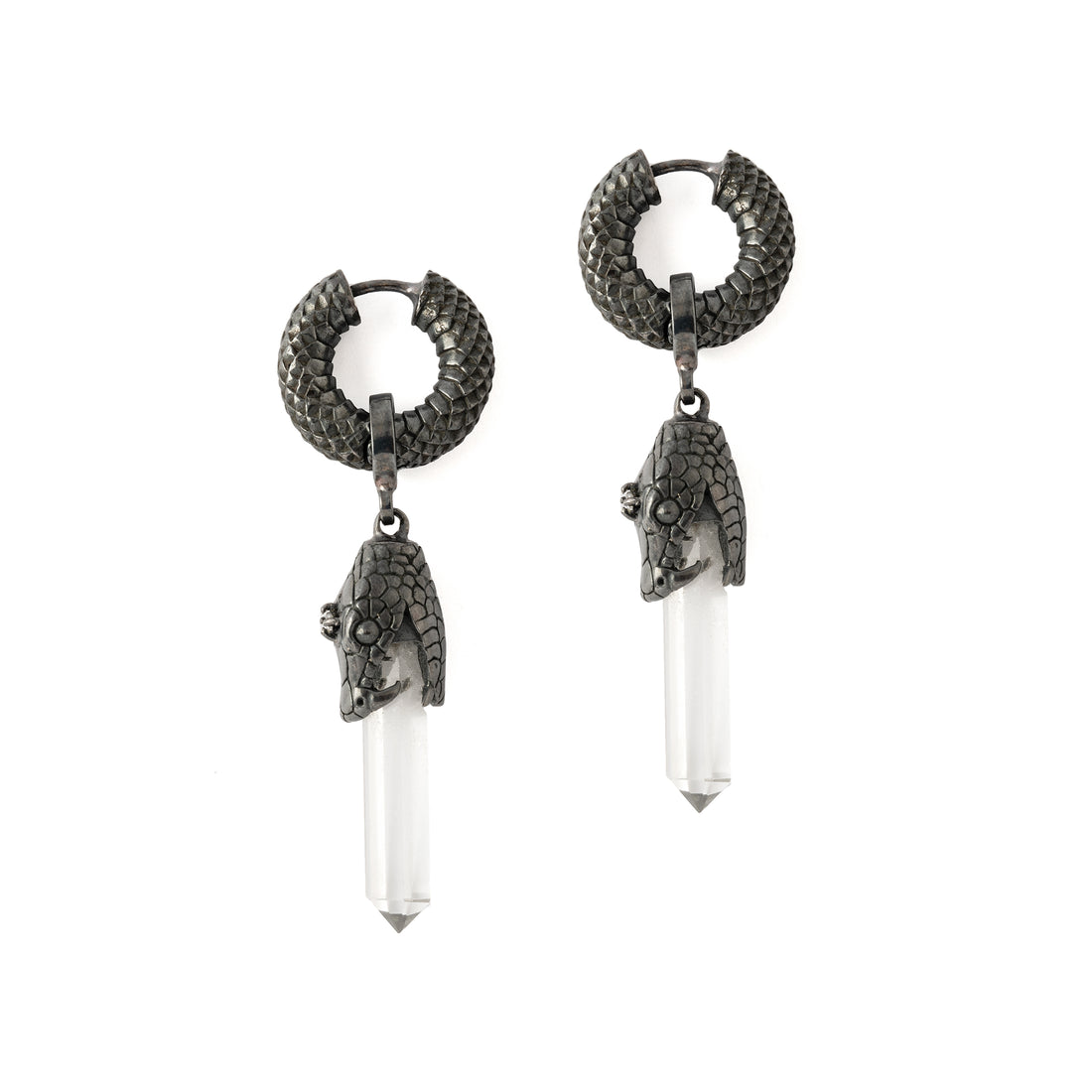 pair of Black Silver Rebirth Snake Earrings with Crystal Quartz side view