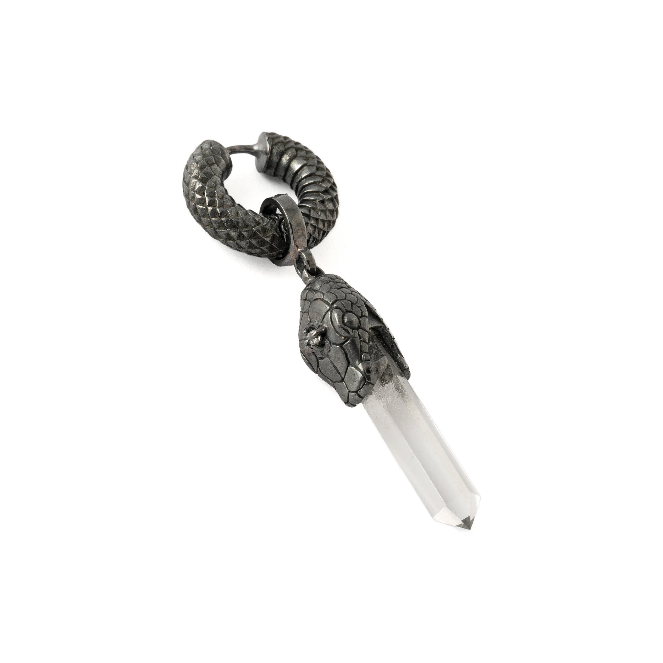 Black Silver Rebirth Snake Earring with Crystal Quartz right side view