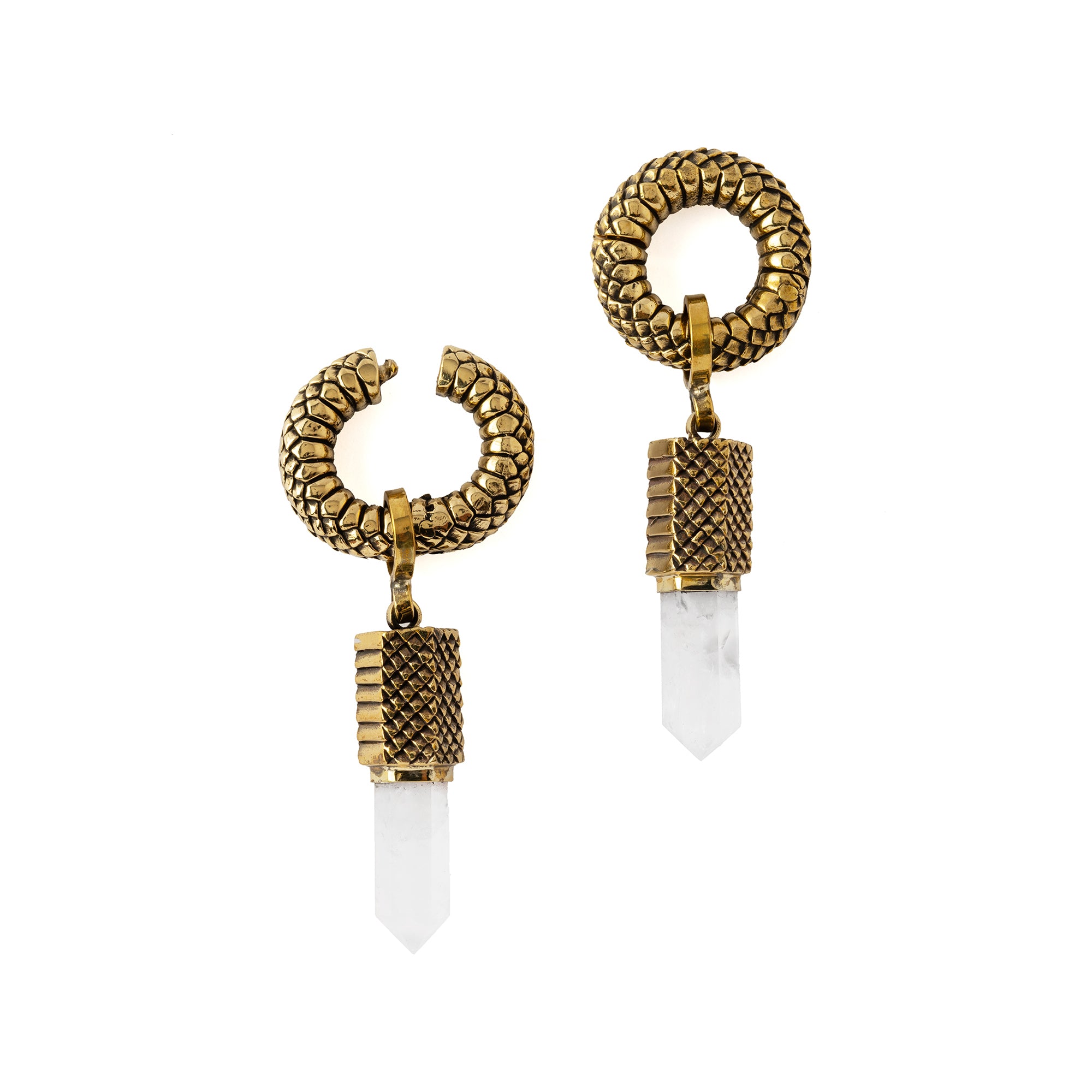 Rebirth snake scale ear weight hoop Hangers with Crystal Quartz pendant open mode view