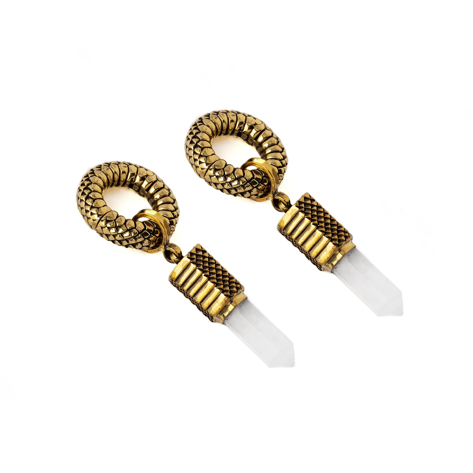 Rebirth snake scale ear weight hoop Hangers with Crystal Quartz pendant left side view