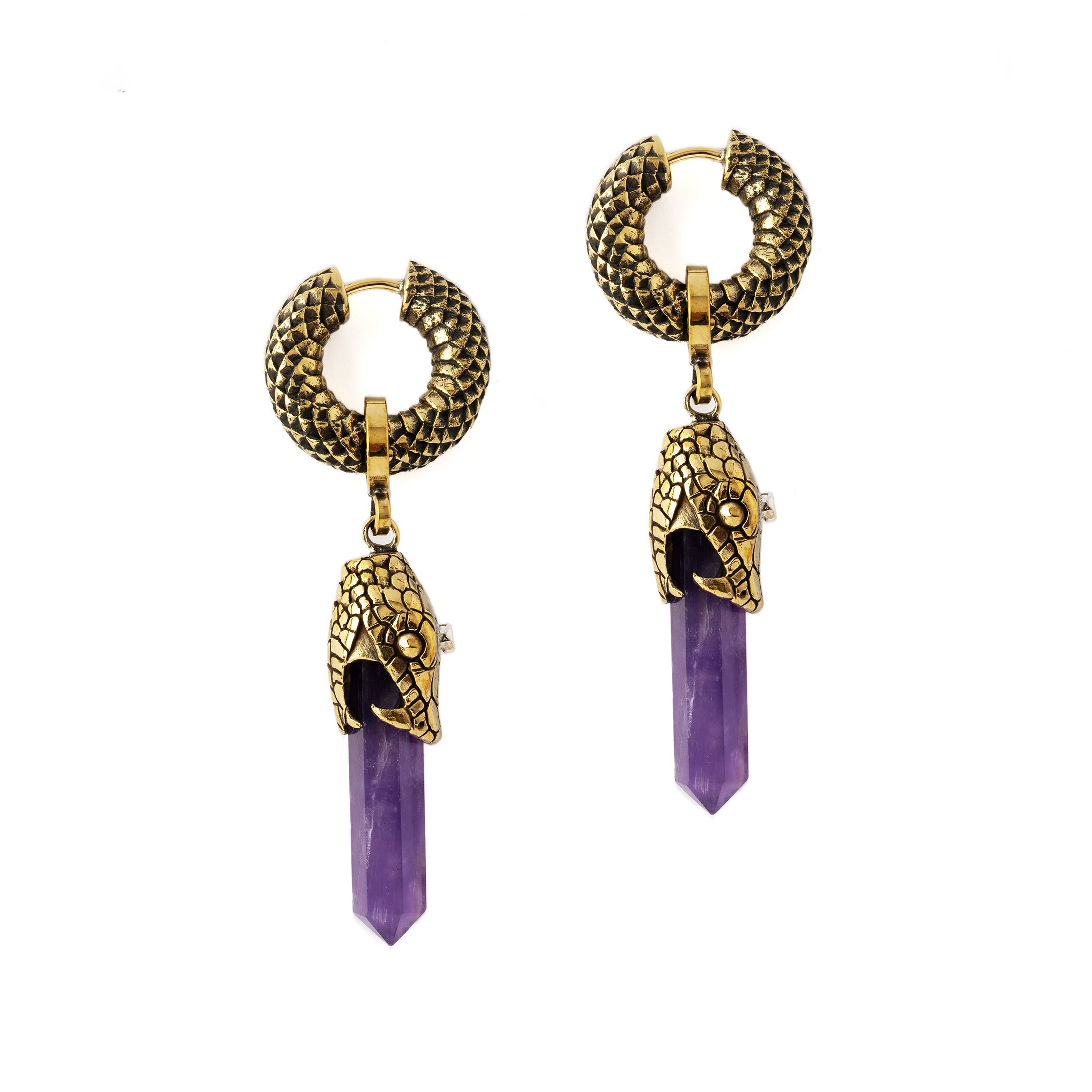pair of Rebirth Snake Earrings with Amethyst side view