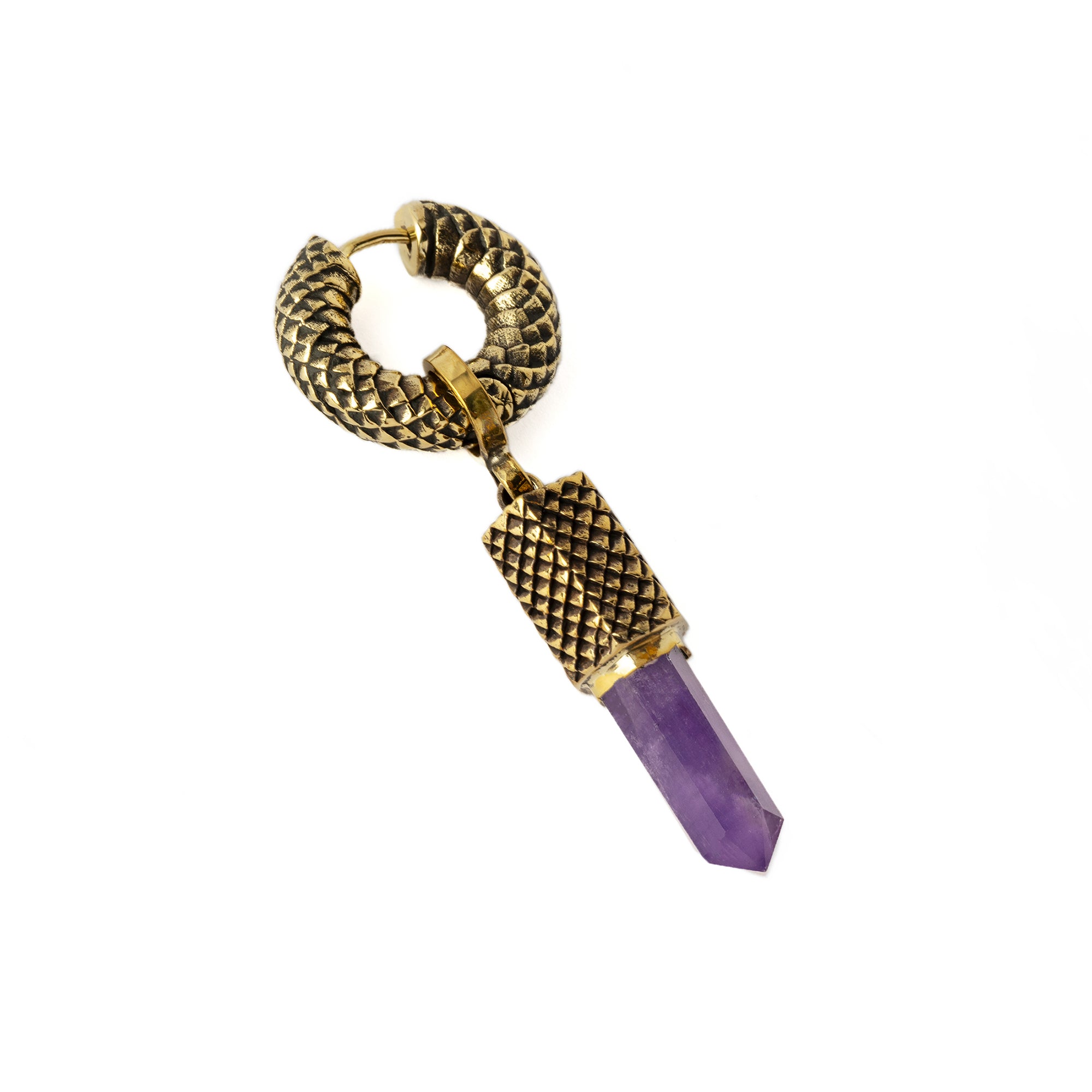 Rebirth snake scale hoop earring with Amethyst pendant left side view