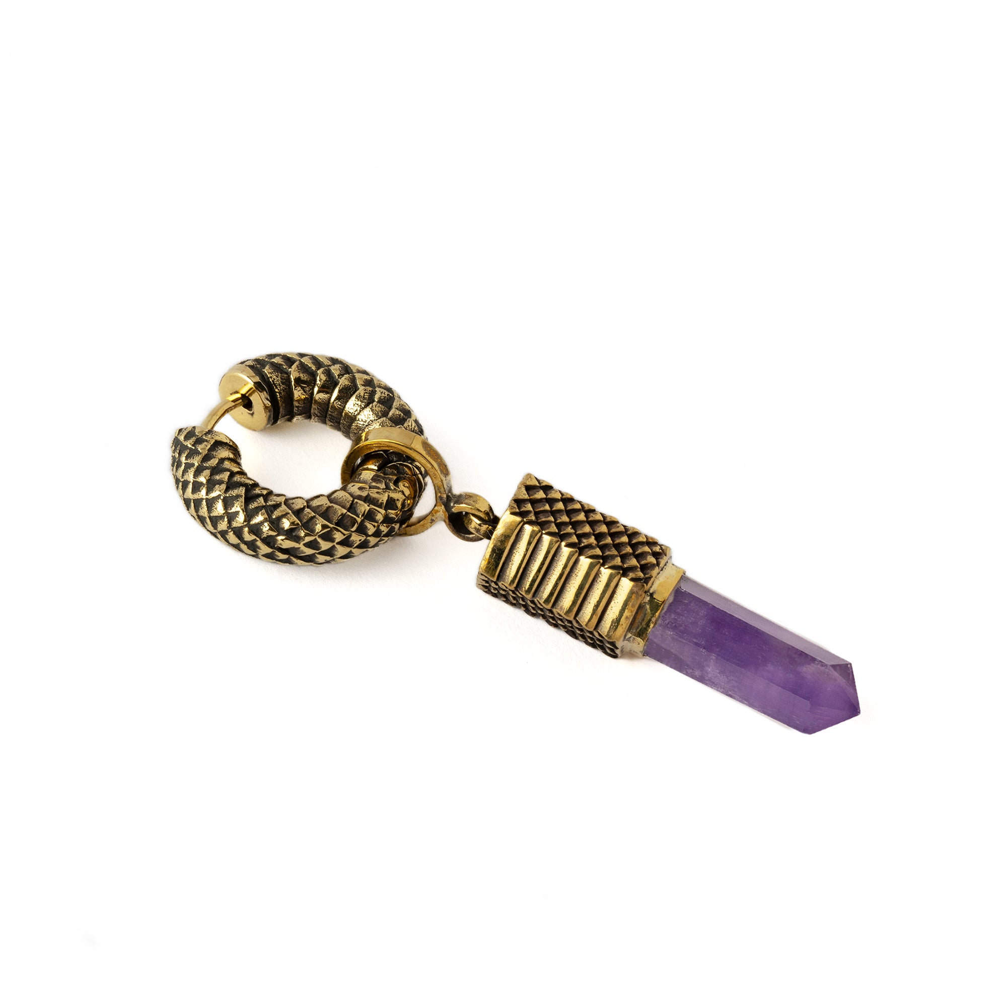 Rebirth snake scale hoop earring with Amethyst pendant side view